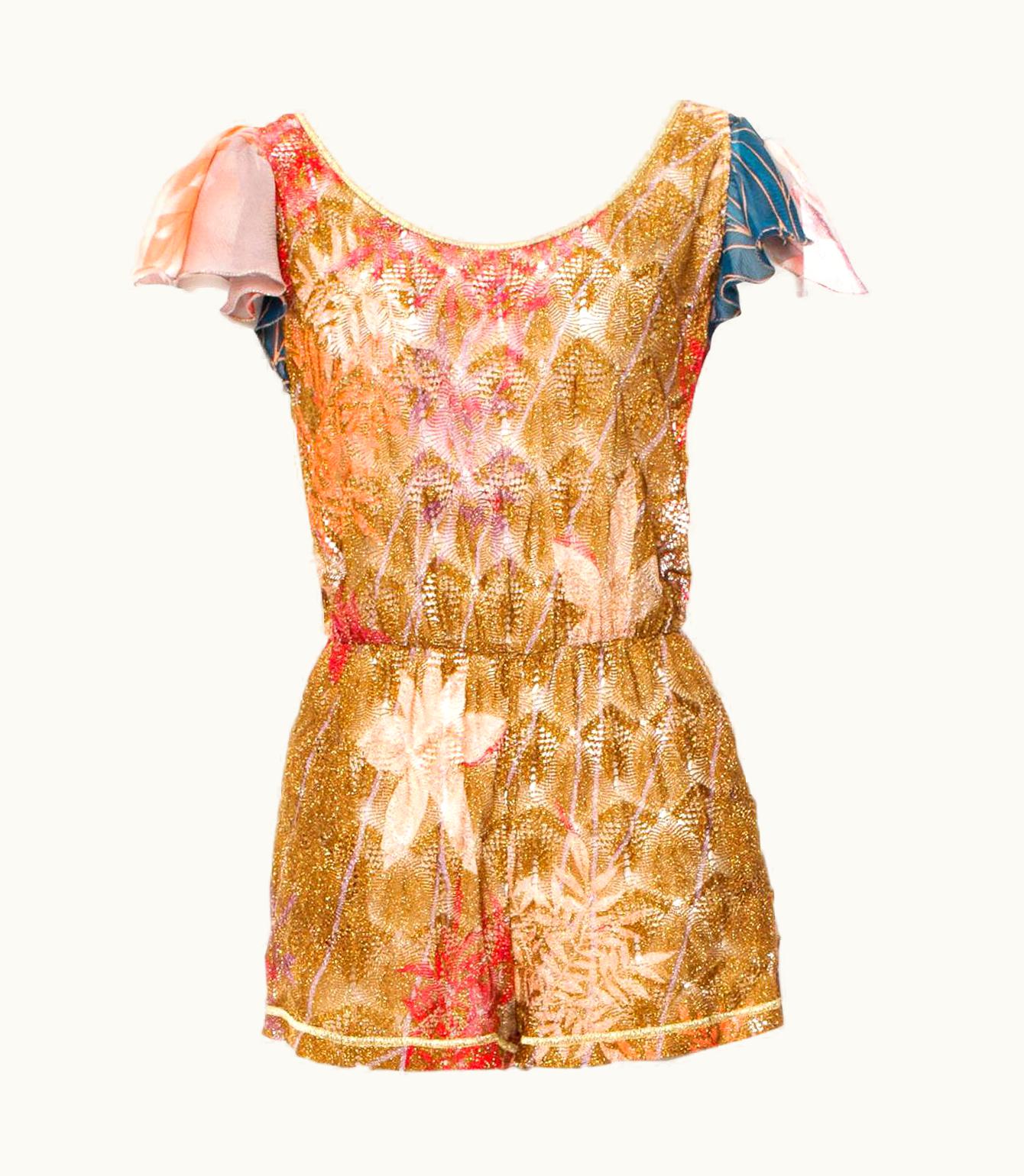 Missoni Missoni Gold Metallic Crochet Knit Floral Print Mini Jumpsuit Romper Playsuit UZ0615493