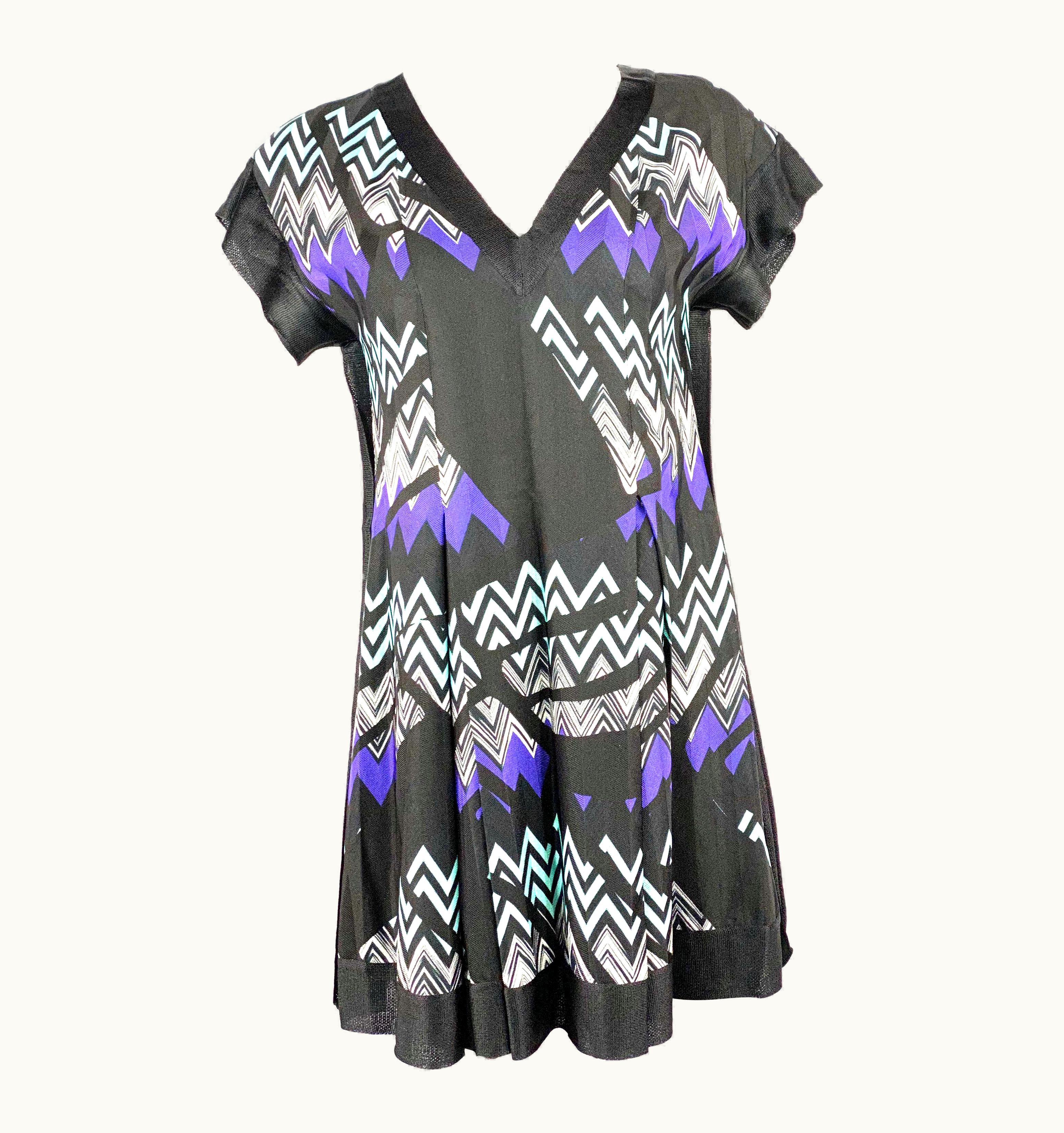 Missoni Missoni Black And Blue Zig Zag V- Neck Short Sleeves Mini Dress