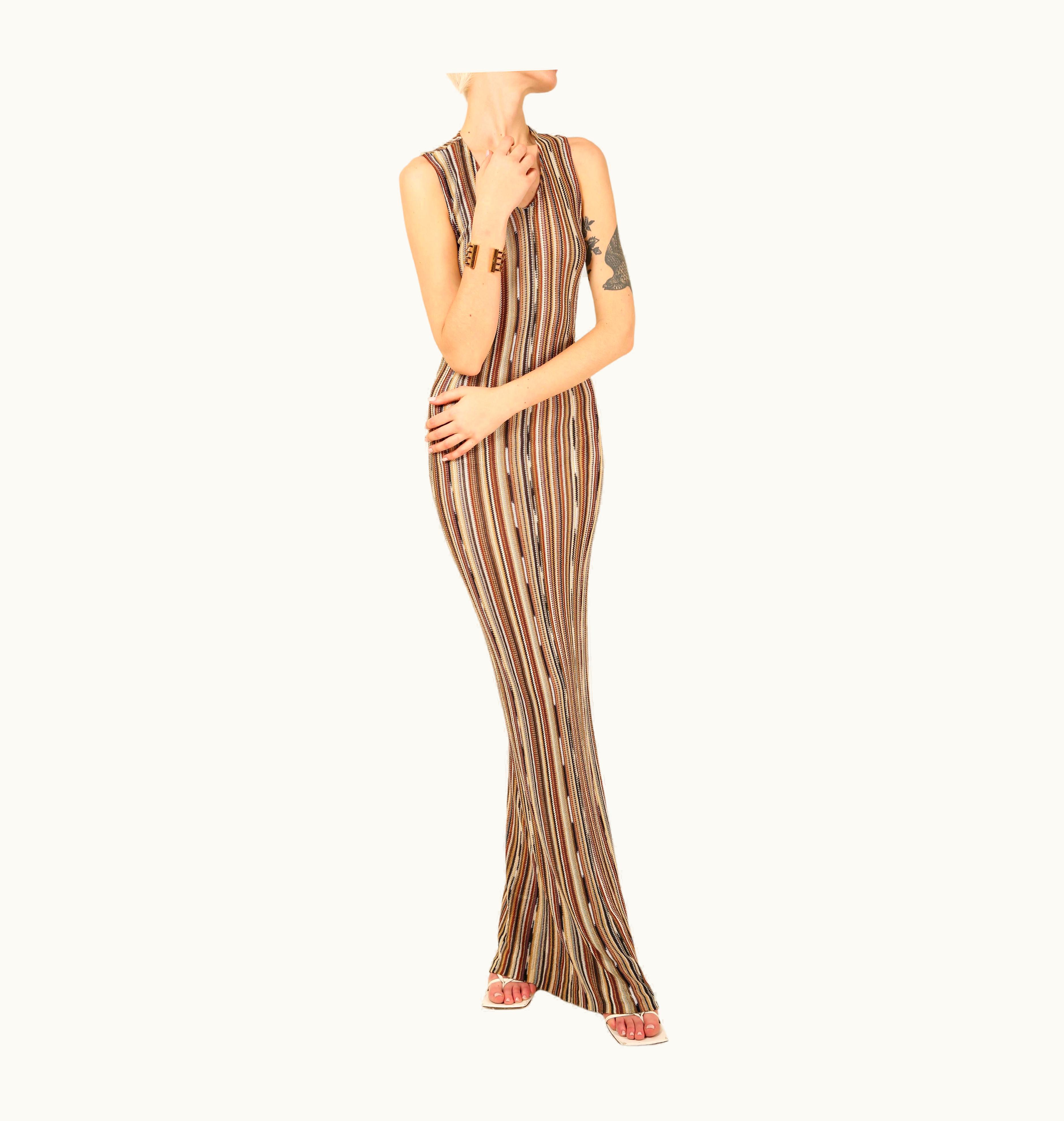 Missoni Missoni Sleeveless Brown White Black Gold Stripe Knit Body Con Maxi Dress