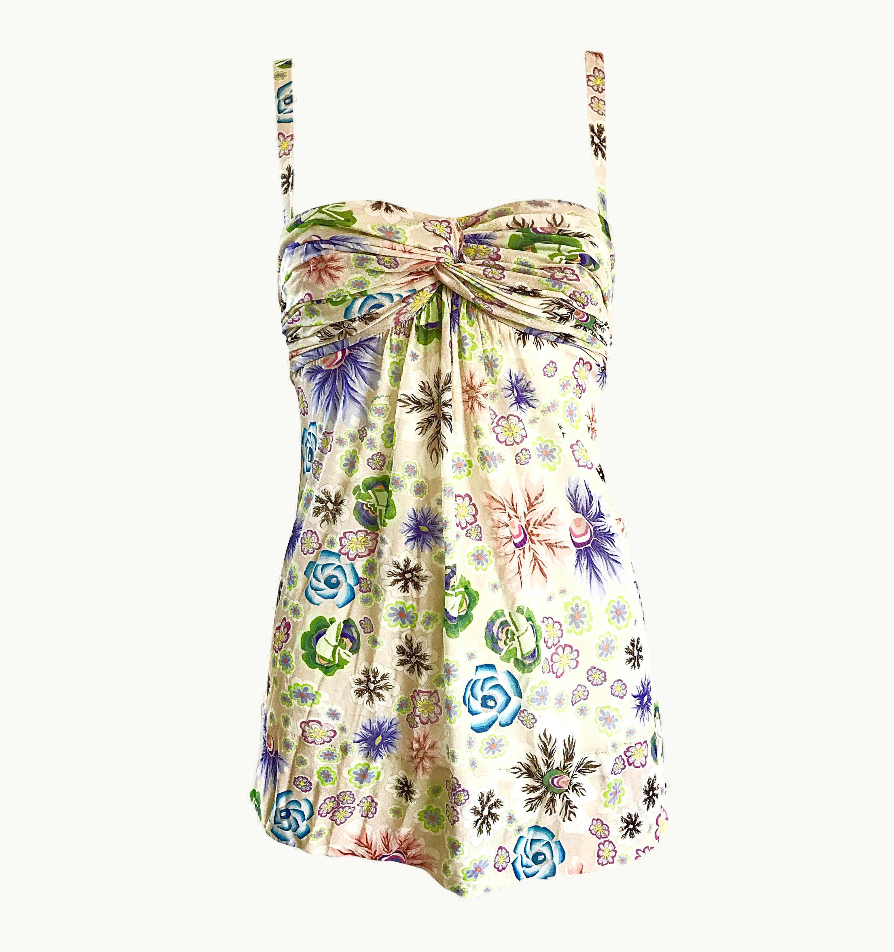 Missoni 1990s Missoni Vintage Flower + Logo Silk Rayon Jersey 90s Empire Waist Top Shirt