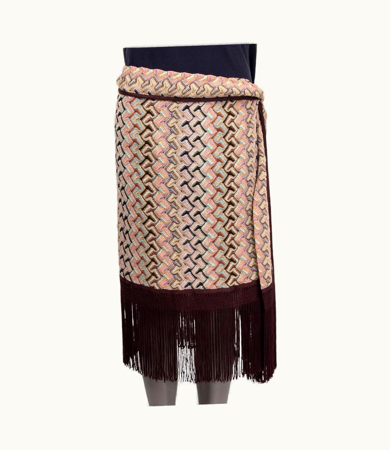 Missoni Missoni Brown & Pink Viscose Fringed Side Tie Midi Knit Skirt 46 Xl