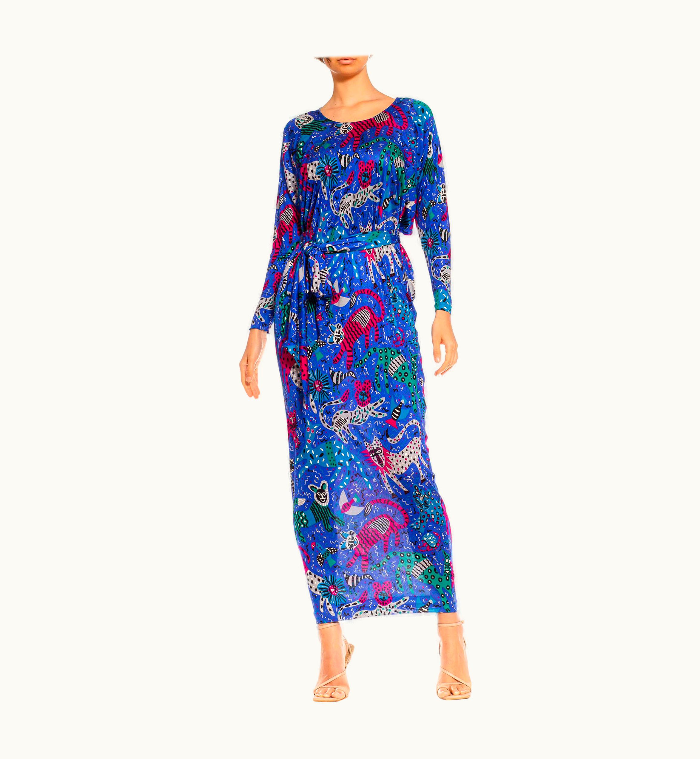 Missoni 1980s Missoni Blue & Pink Silk Jersey Cat Print Oversized Kaftan With Sash Belt