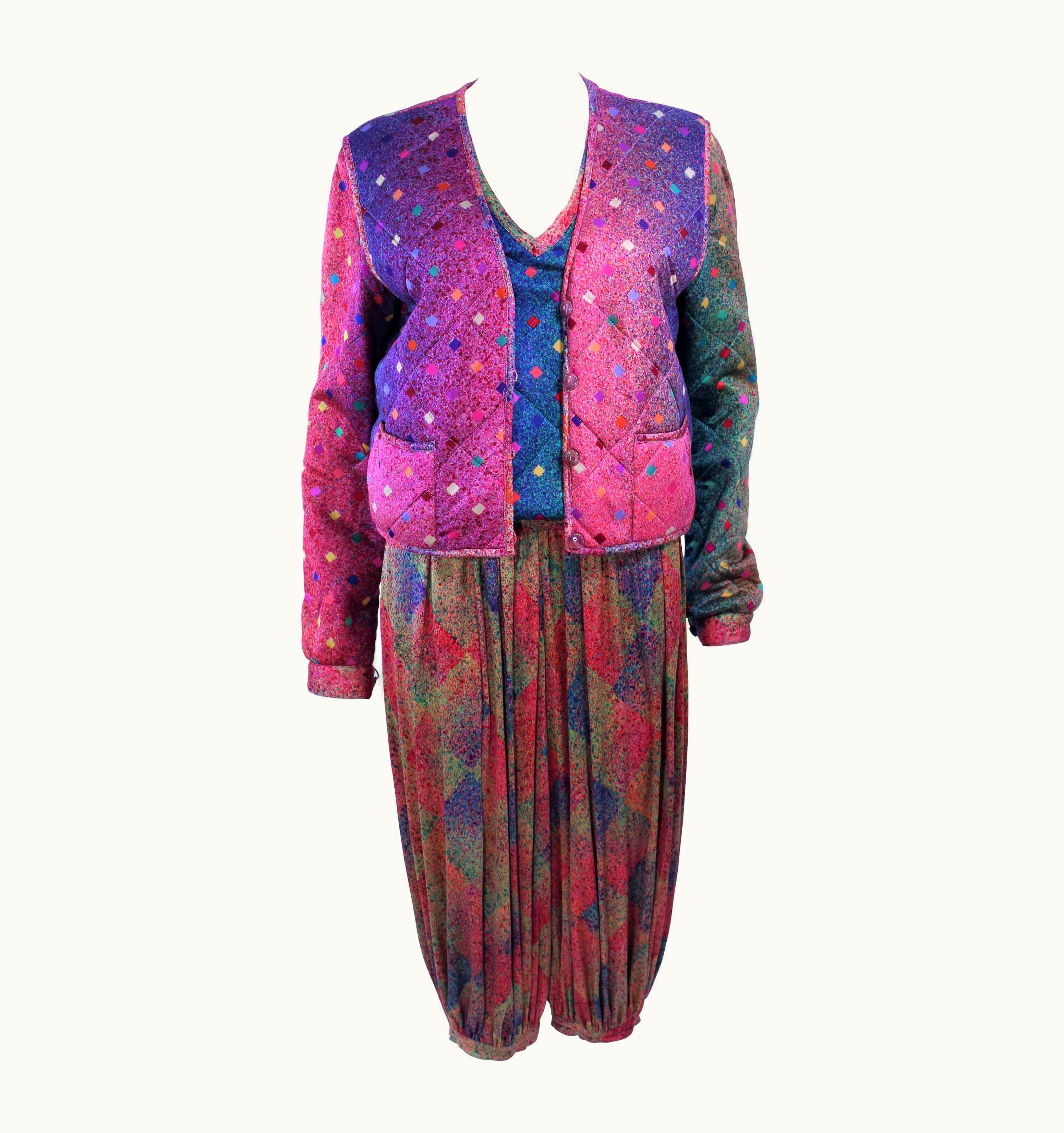 Missoni Missoni Silk Rainbow Print Ensemble With Harem Pants Quilted Sweater