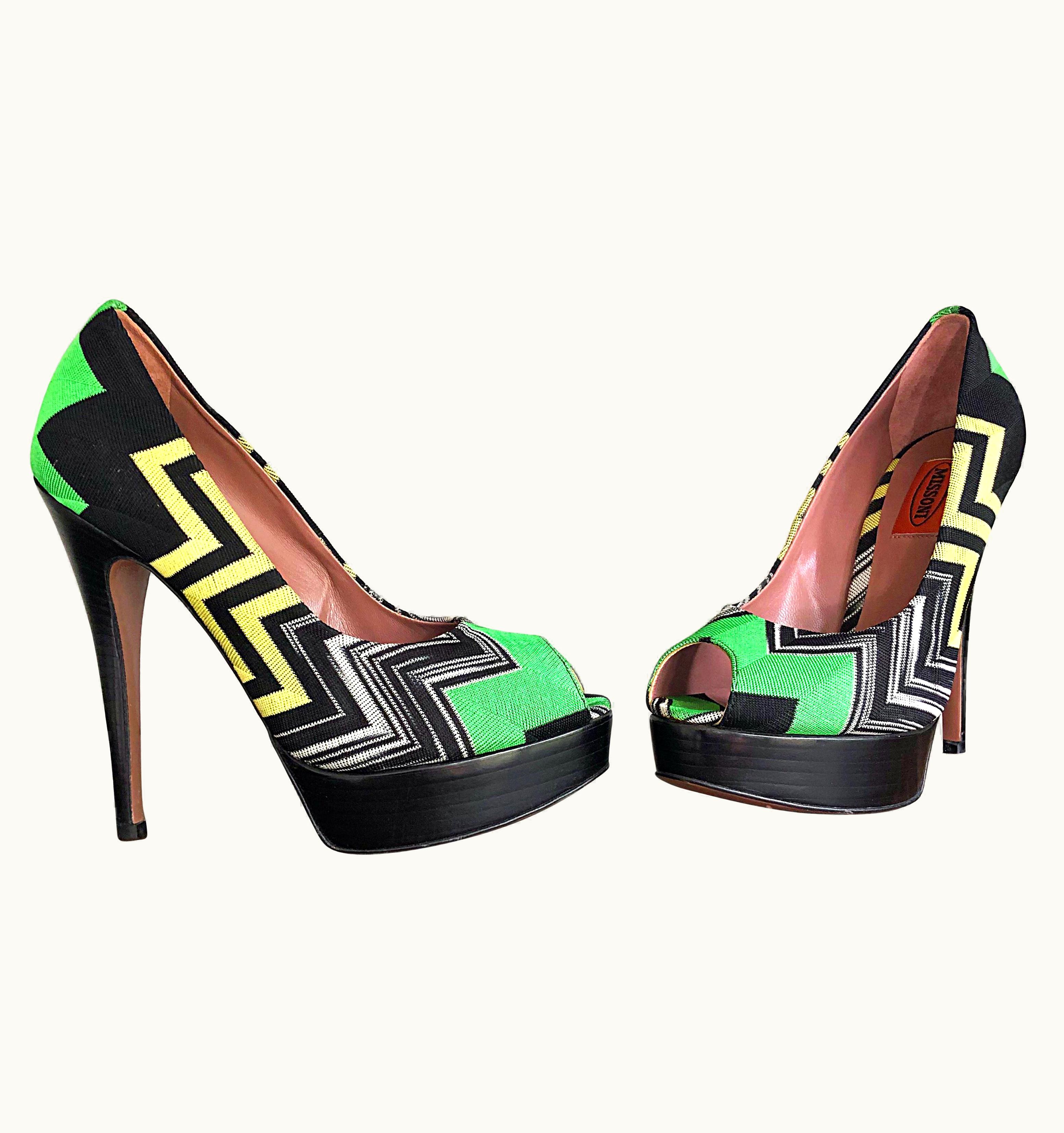 Missoni Missoni S/S 6 Green + Yellow Zig Zag Platforms Peep Toe High Heels Shoes