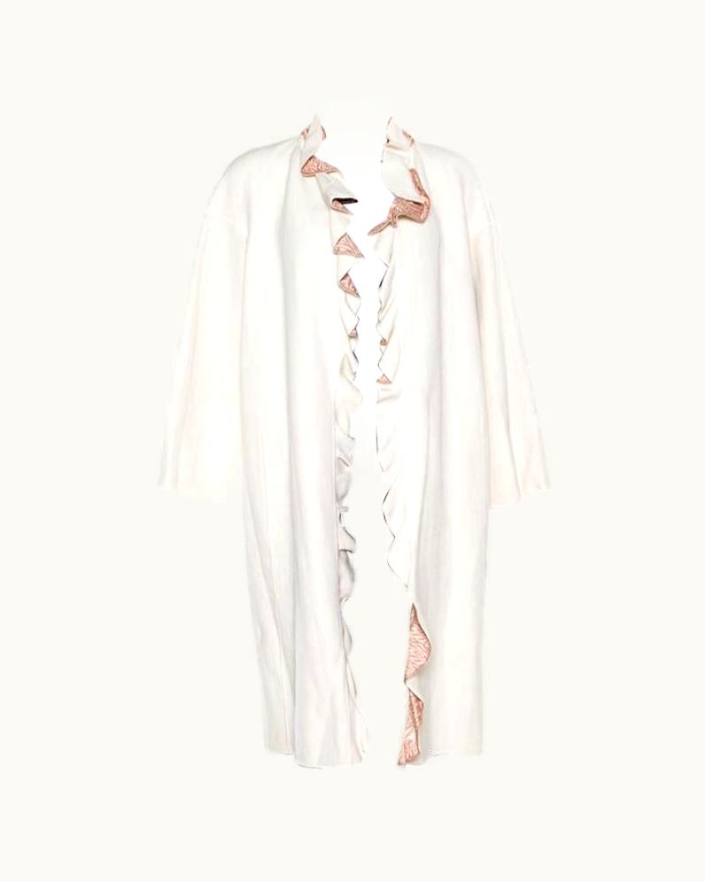 Missoni Missoni Off White Silk And Linen Blend Ruffle Detail Contrast Lined Long Coat