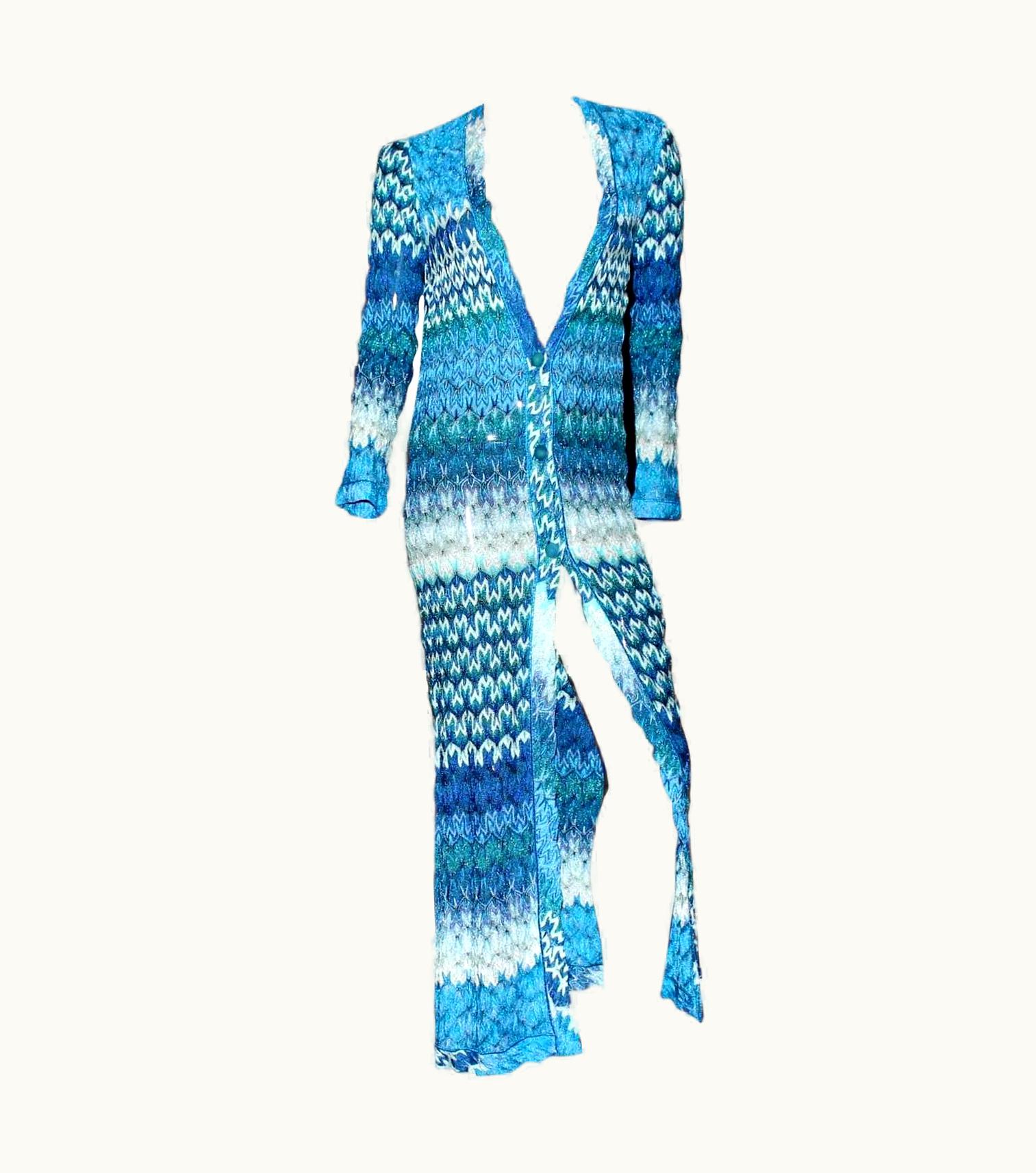 Missoni Missoni Metallic Seafoam Blue Crochet Knit Maxi Dress Gown Coat
