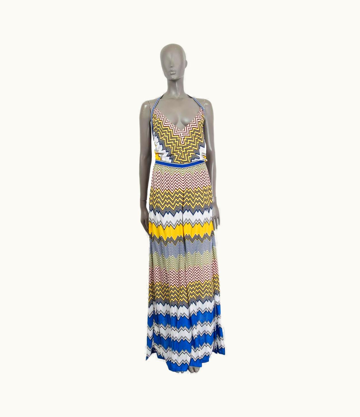 Missoni Missoni Mare Yellow Blue White Viscose Zigzag Halter Maxi Jumpsuit