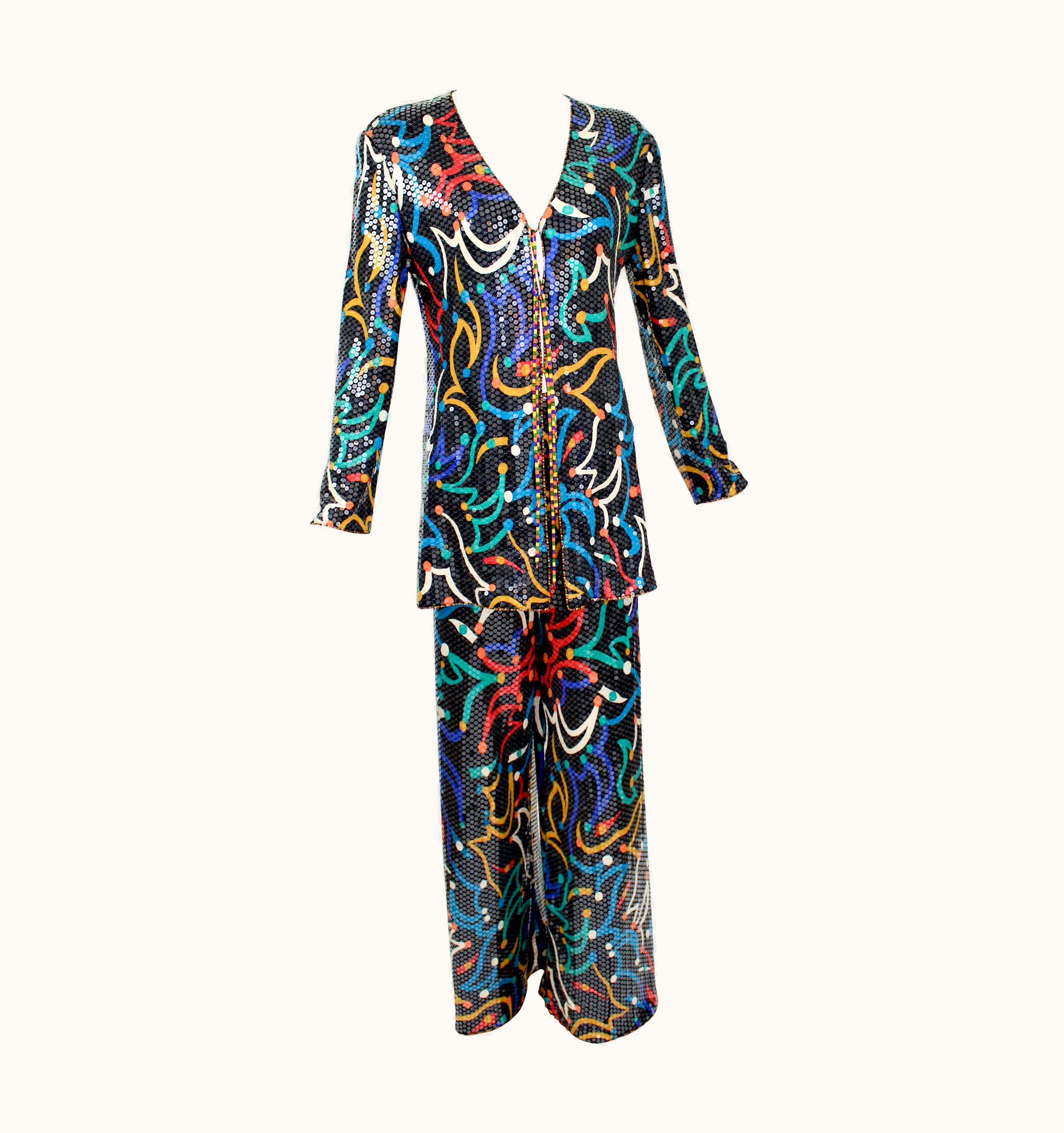 Missoni Vintage Missoni Shimmery Silk Jersey Colorful Print Sequin Top Pant Set UZ0615596