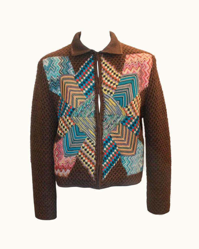 Missoni Missoni Collectible Brown Wool Jacket Multi Geometric Patchwork Design