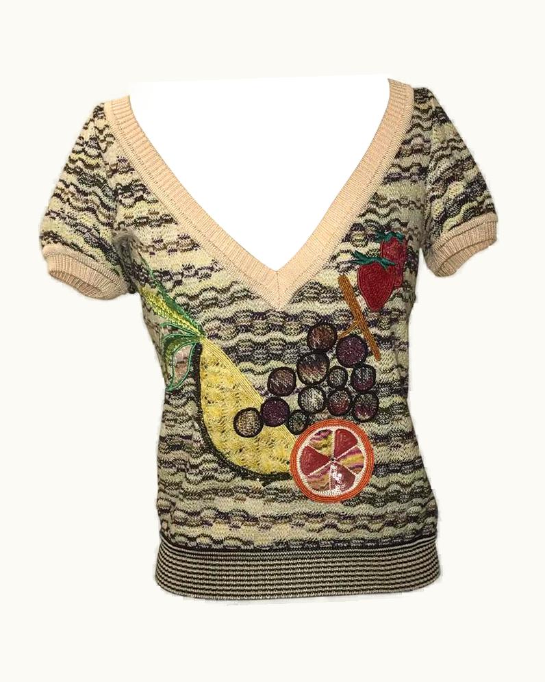 Missoni Missoni 2005 Collectable Fruit Applique Knit Sweater V Neck Limited Edition
