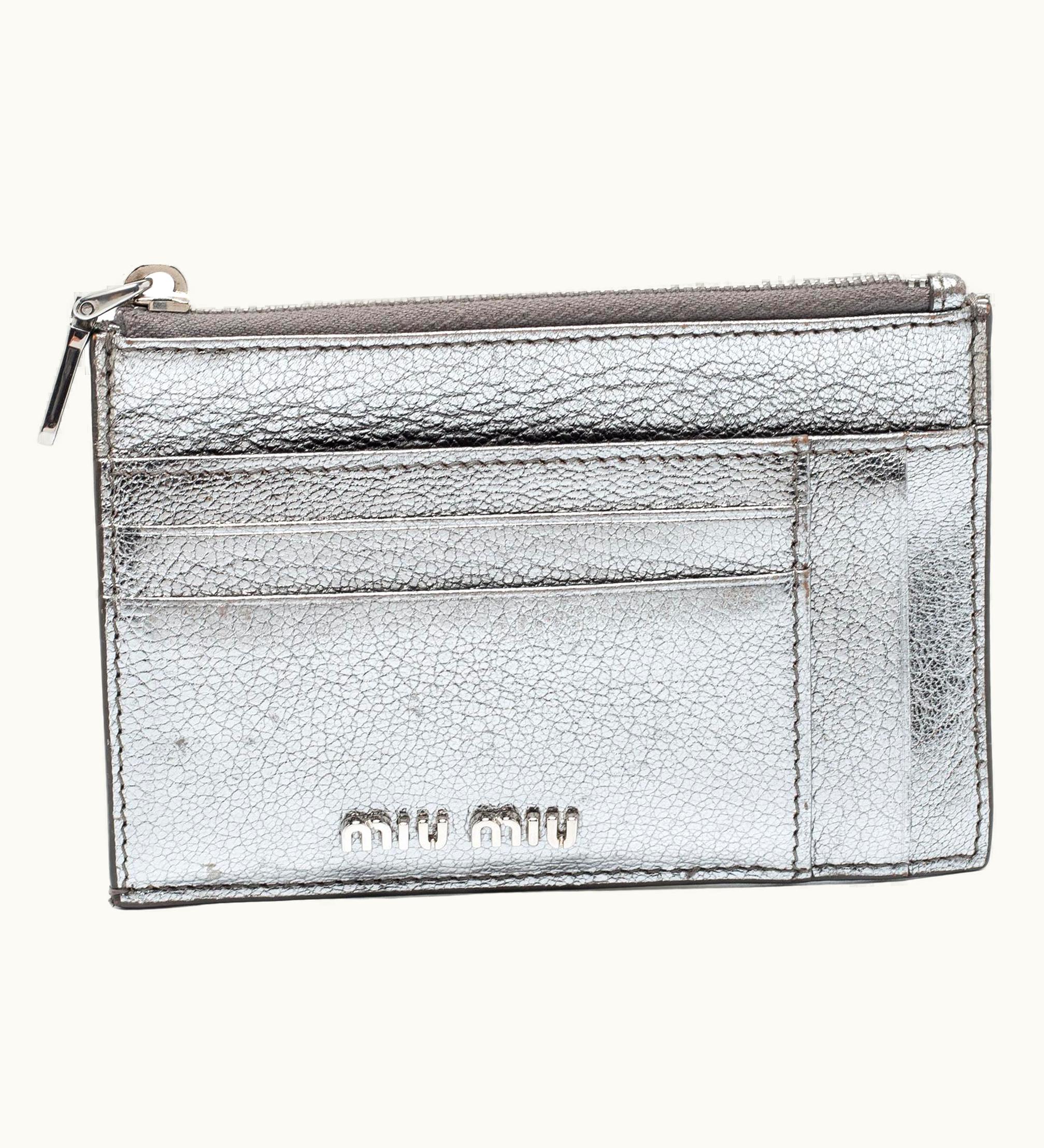 Miu Miu Miu Miu Metallic Silver Leather Zip Card Holder
