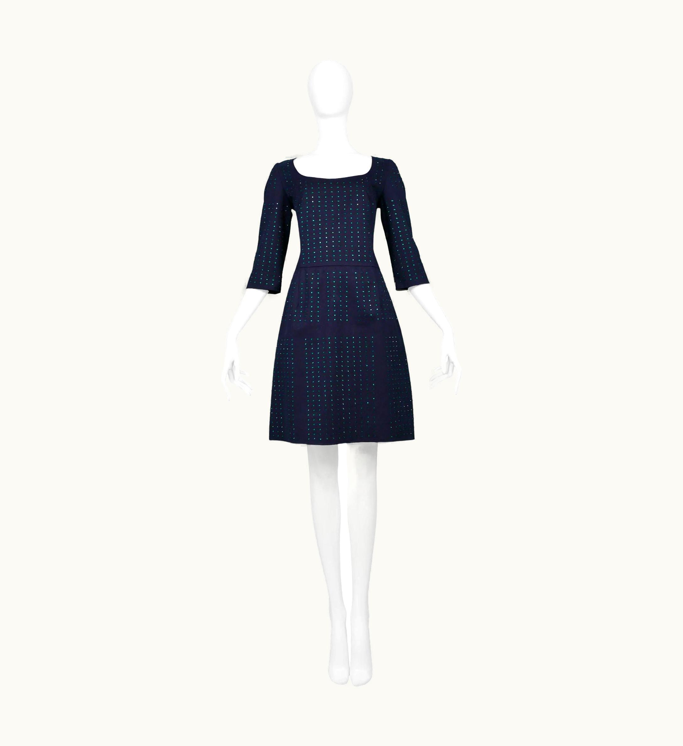 Miu Miu Miu Miu Navy Mini Dress With Green Rhinestones