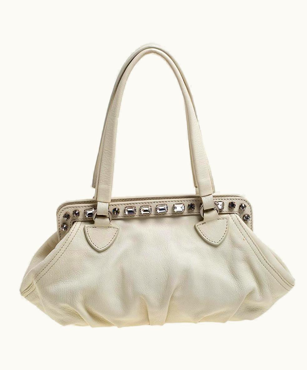 Miu Miu Miu Miu Off White Leather Crystal Embellished Satchel