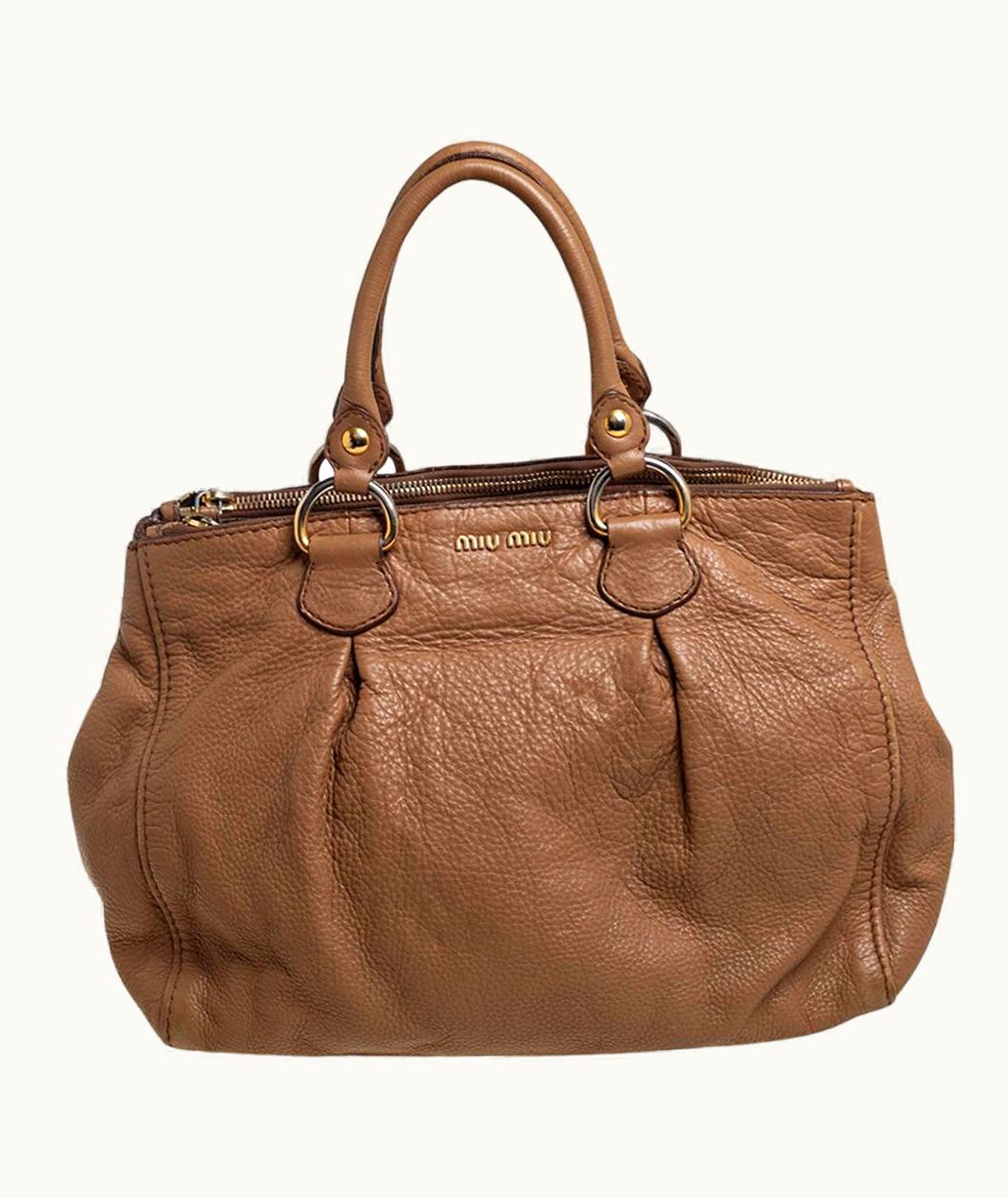 Miu Miu Miu Miu Brown Pebbled Leather Double Zip Tote