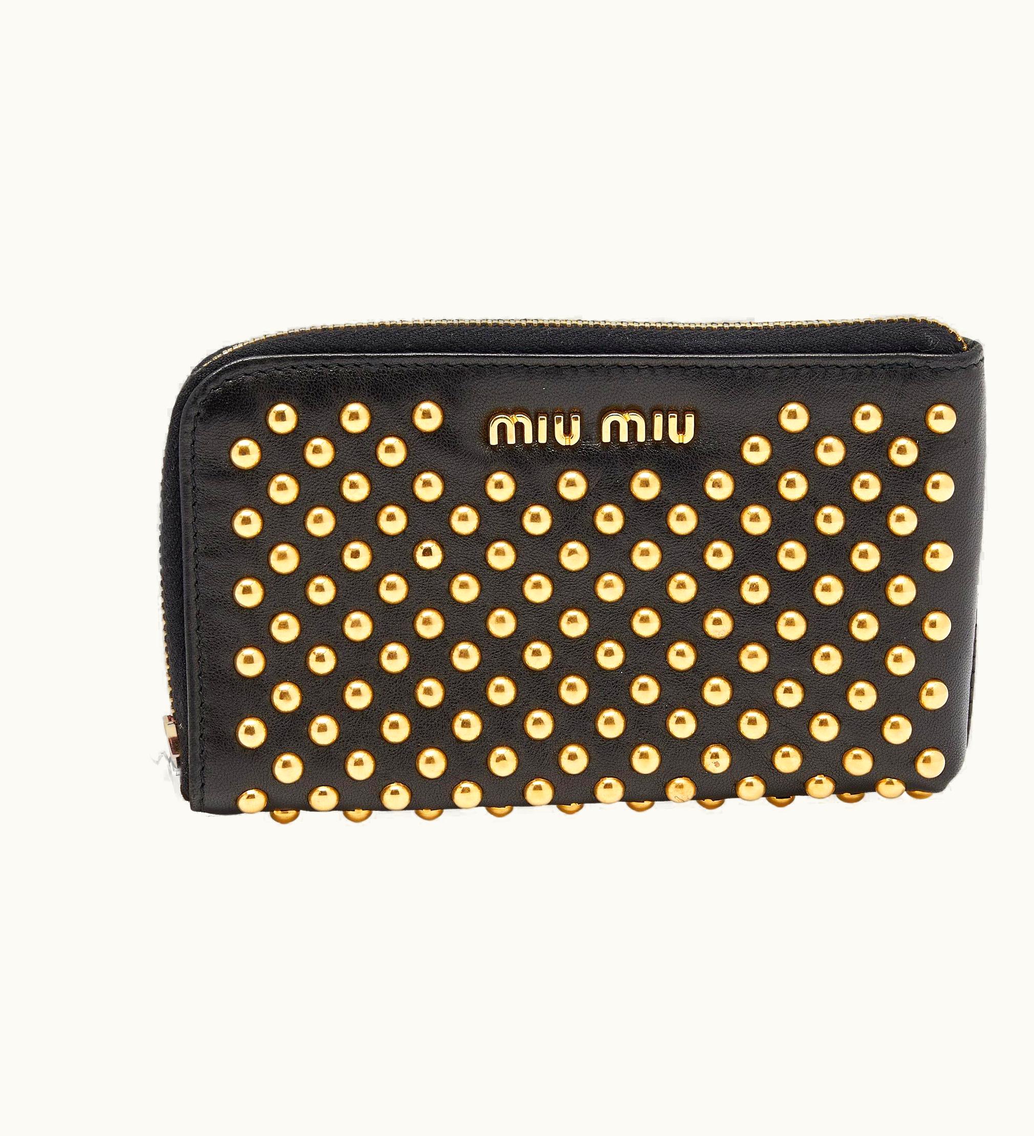 Miu Miu Miu Miu Black Leather Studded Zip Around Wallet