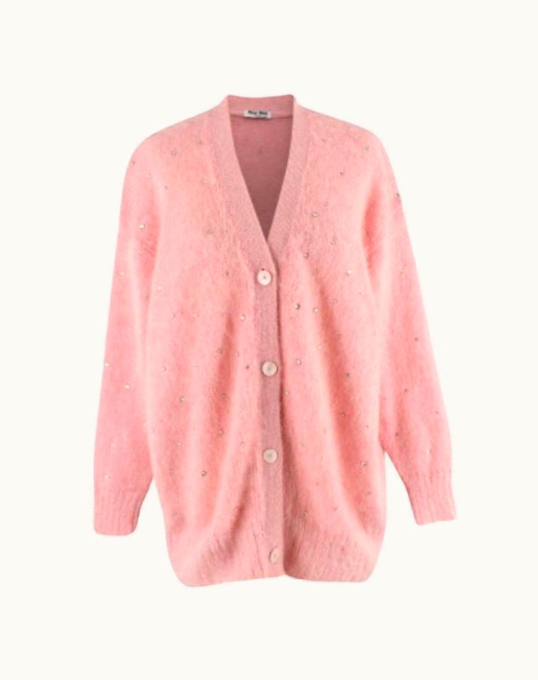Miu Miu Miu Miu Pink Crystal Embellished Mohair Blend Cardigan