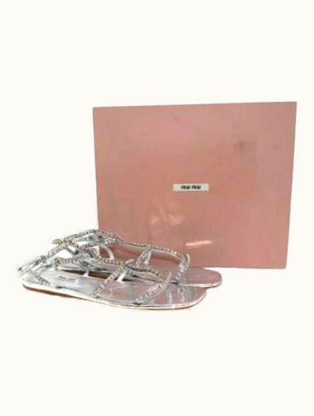 Miu Miu Miu Miu Crystal Embellished Silver Leather Flat Sandals