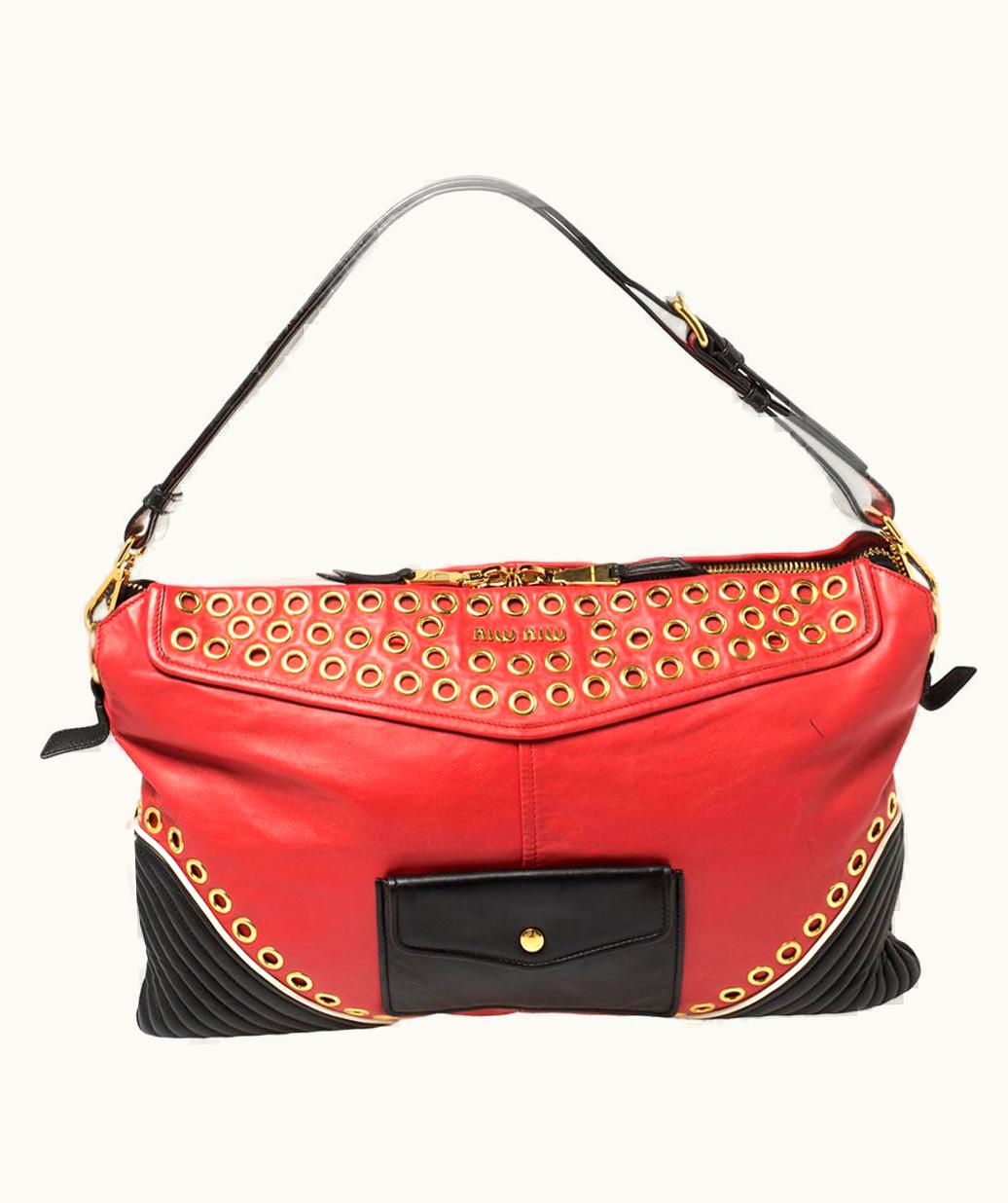 Miu Miu Miu Miu Red/Black Leather Grommeted Biker Shoulder Bag