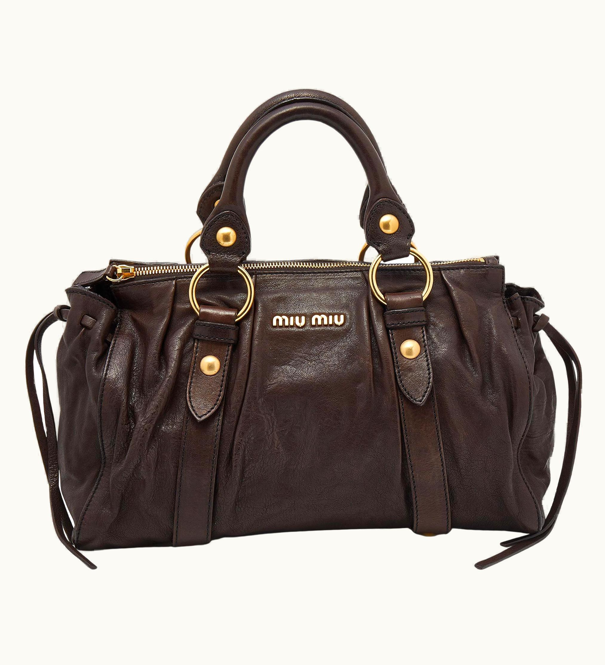 Miu Miu Miu Miu Dark Brown VItello Lux Leather Bow Tote