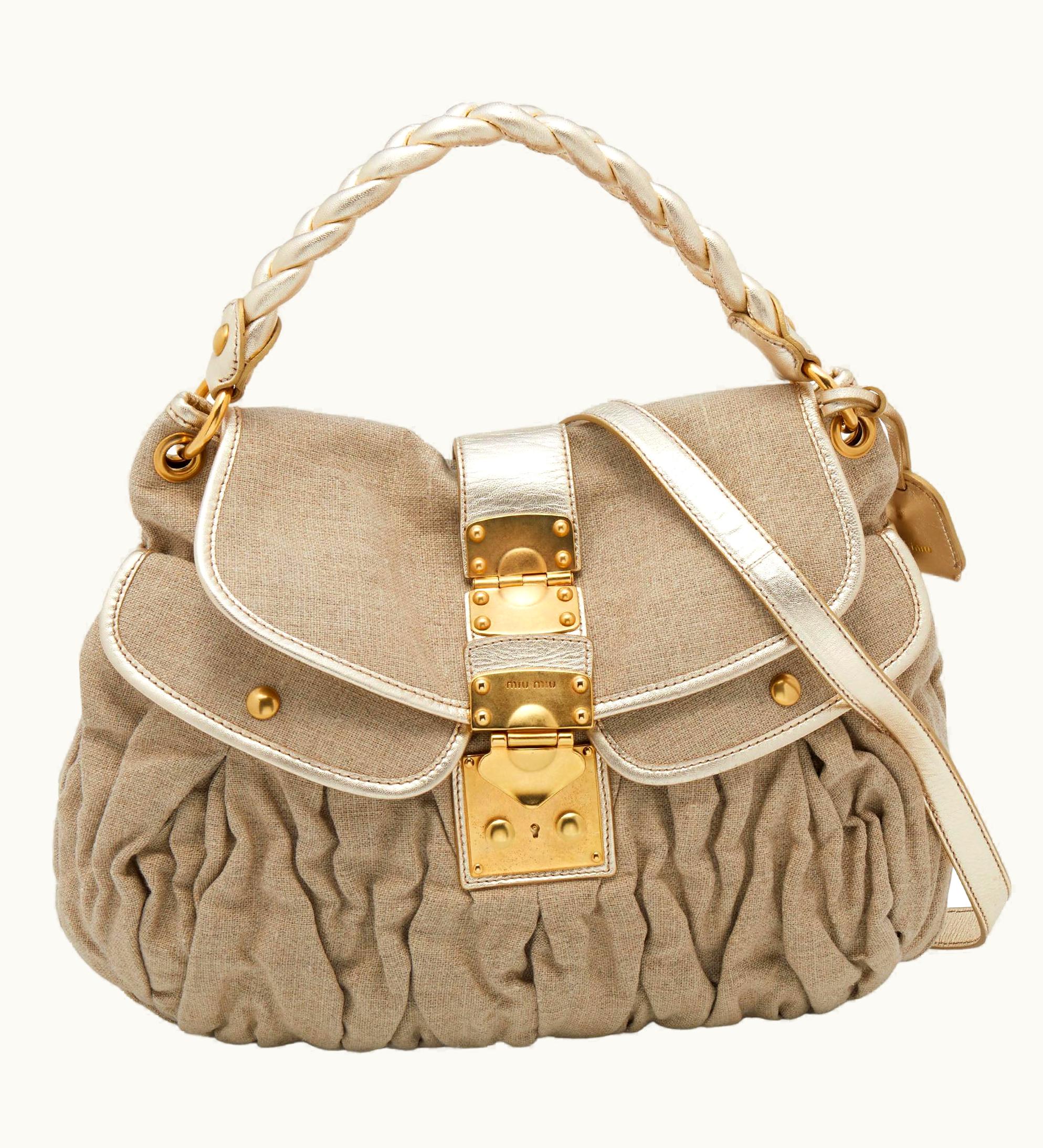 Miu Miu Miu Miu Beige/Gold Canvas And Leather Coffer Hobo