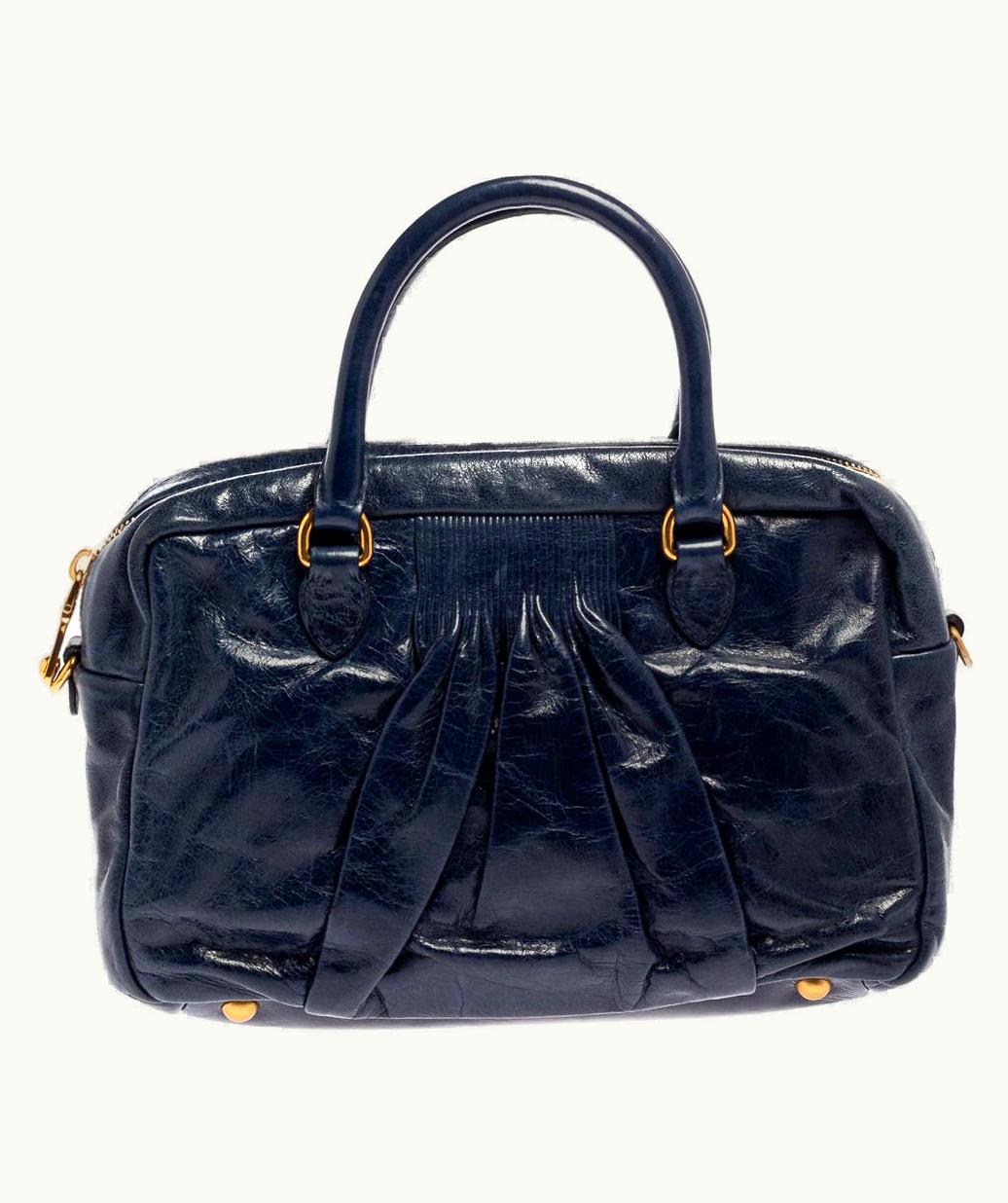 Miu Miu Miu Miu Navy Blue Glazed Pleated Leather Zip Satchel