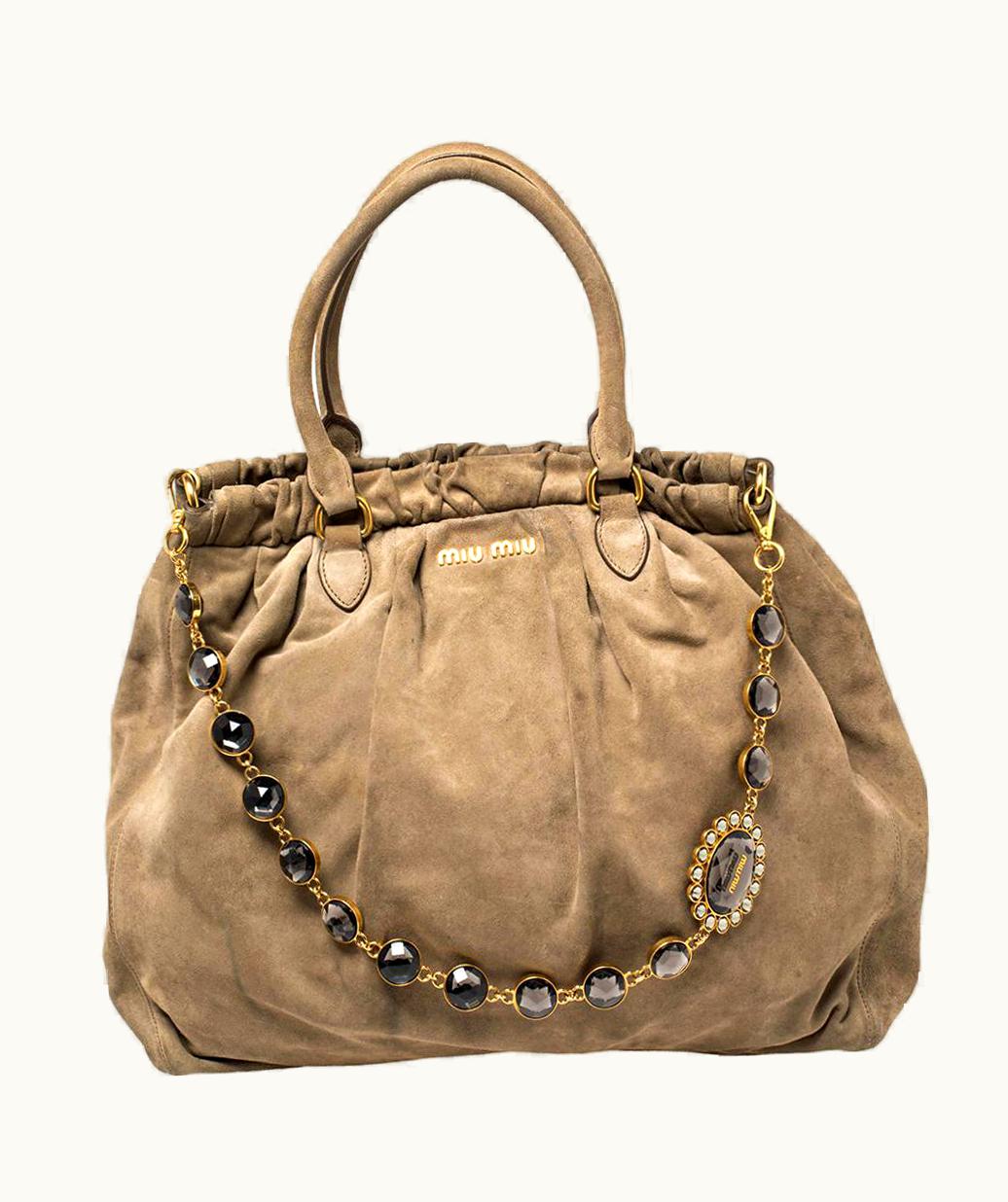 Miu Miu Miu Miu Beige Suede Scamosciato Crystal Strap Shoulder Bag