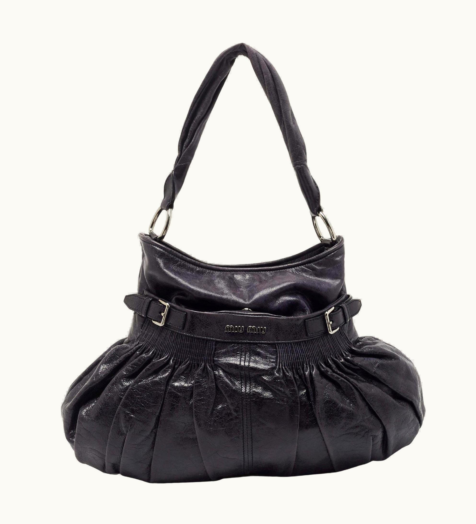 Miu Miu Miu Miu Dark Blue Crinkled Leather Gathered Hobo