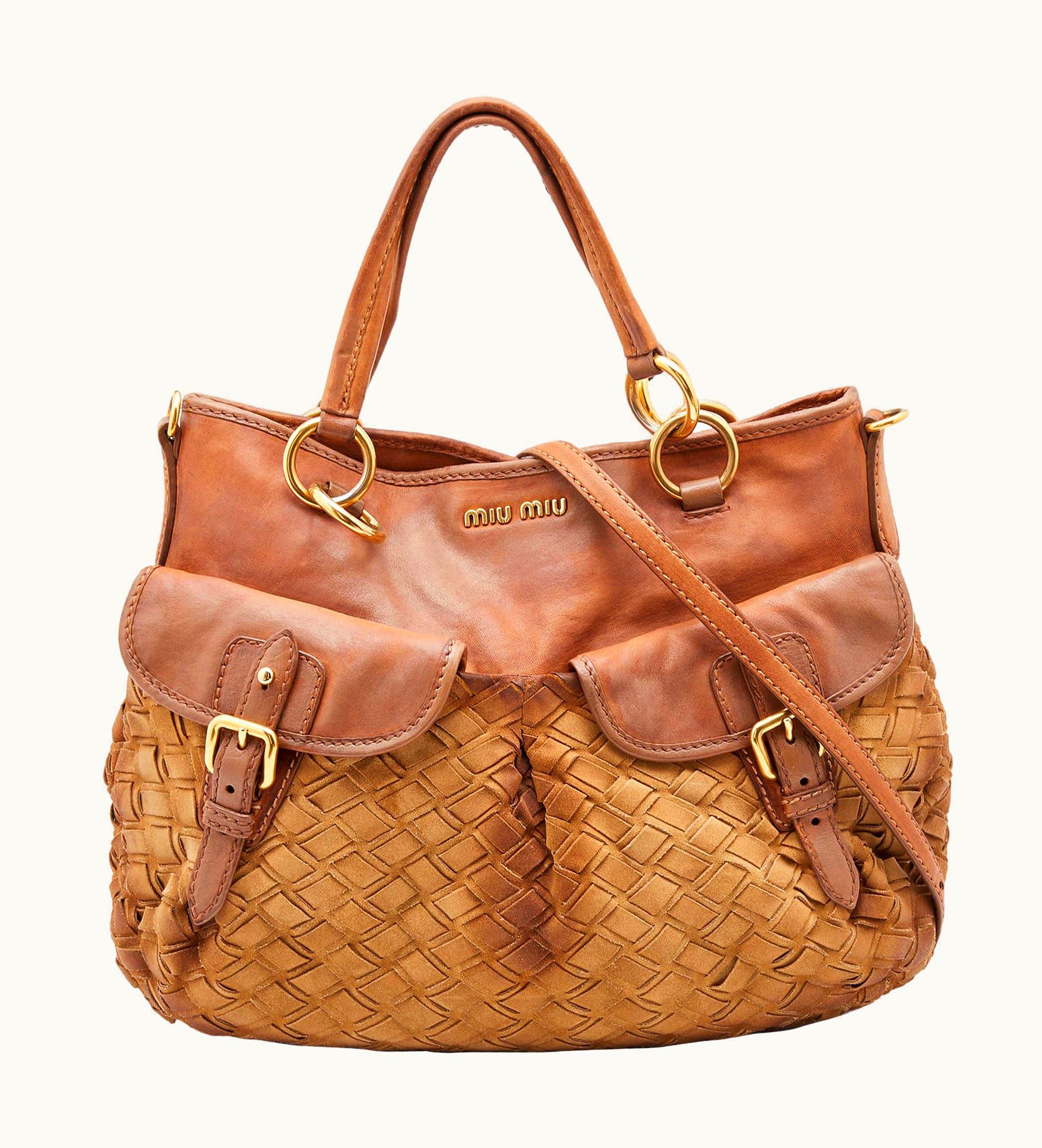 Miu Miu Miu Miu Brown Woven Suede And Leather Satchel