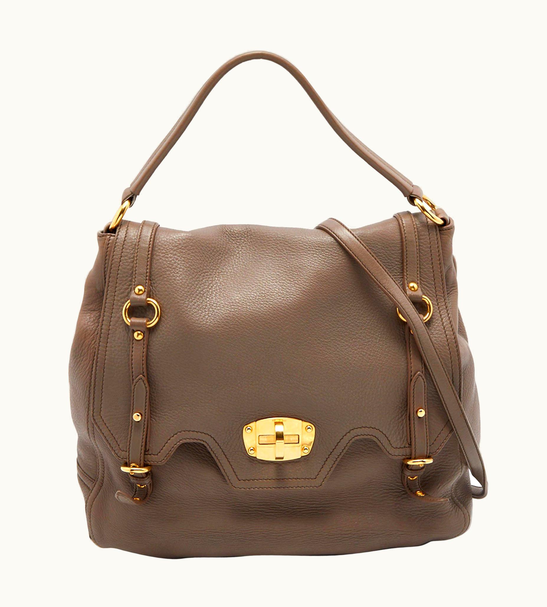 Miu Miu Miu Miu Taupe Grey Leather Turnlock Flap Satchel