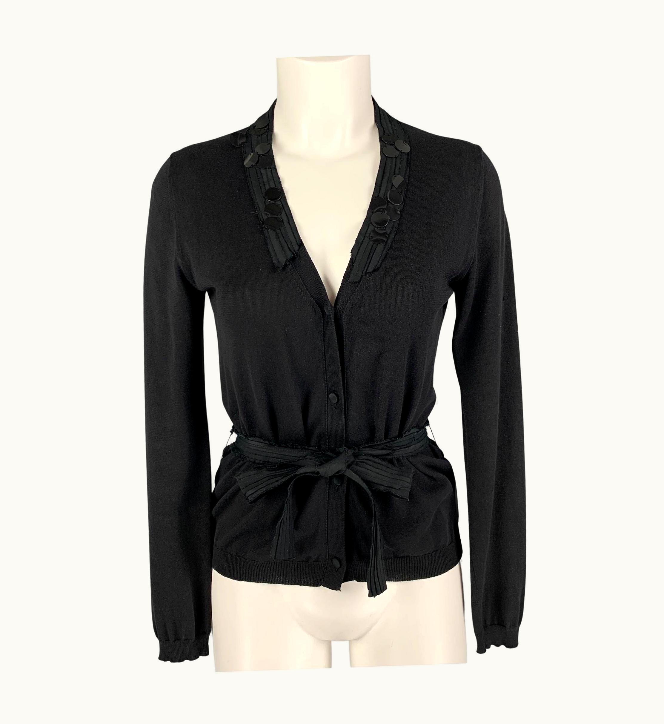 Miu Miu Miu Miu Black Cotton Payette Sequin Belted Cardigan