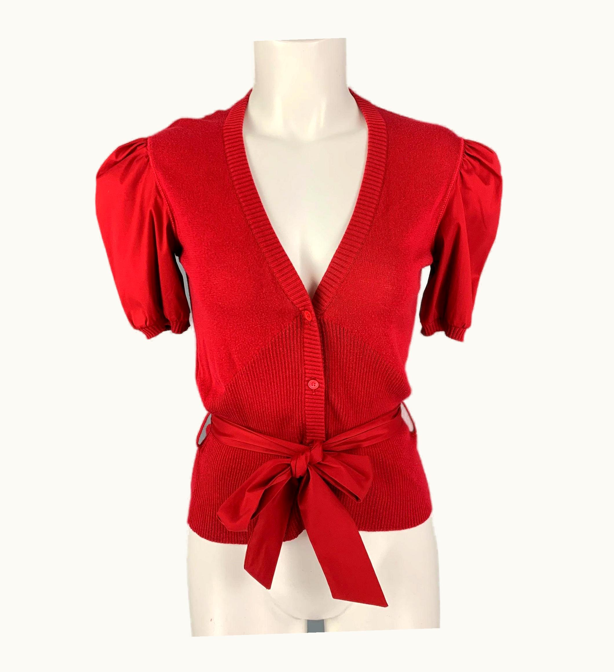 Miu Miu Miu Miu Red Cotton Belted Short Sleeve Cardigan