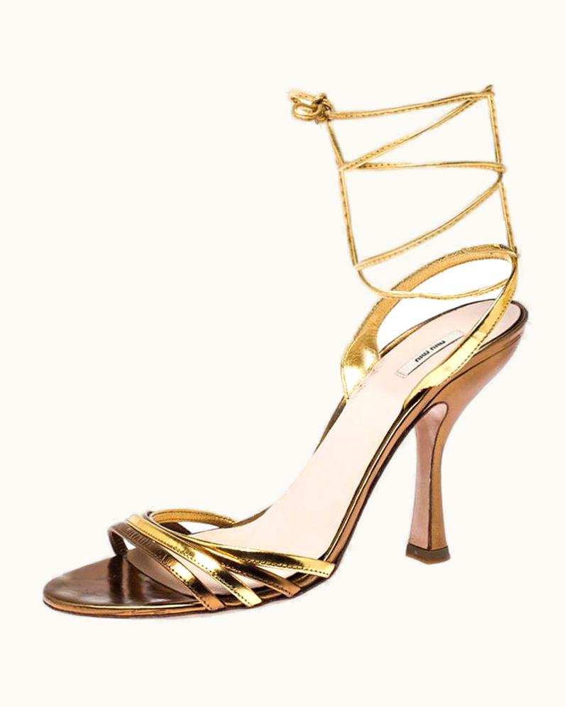 Miu Miu Miu Miu Metallic Gold Leather Ankle Wrap Sandals