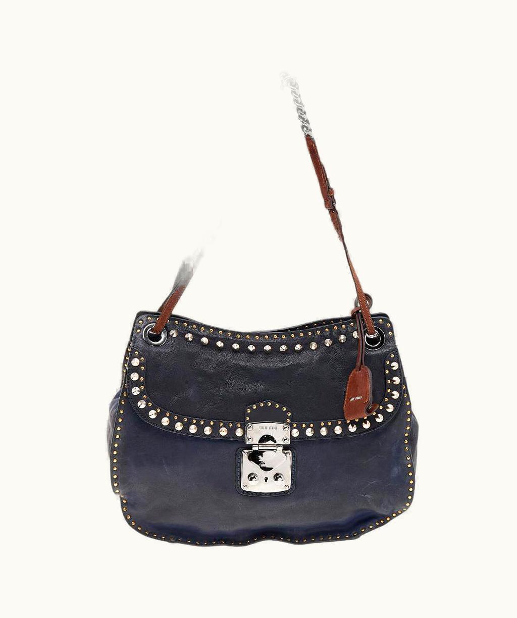 Miu Miu Miu Miu Navy Blue/Brown Leather Studded Chain Shoulder Bag