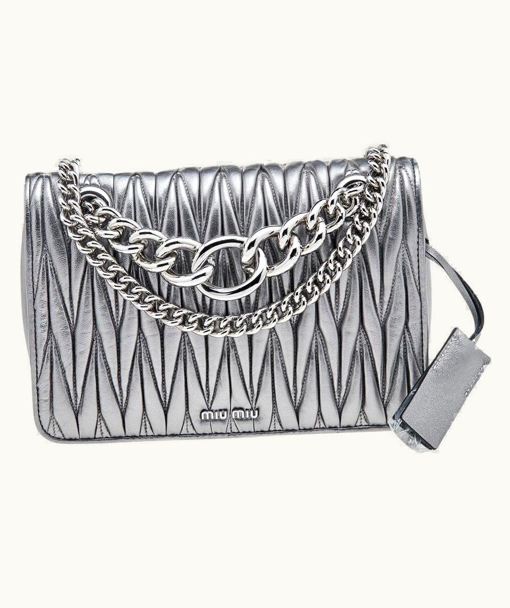 Miu Miu Miu Miu Metallic Silver Matelasse Leather Medium Club Shoulder Bag