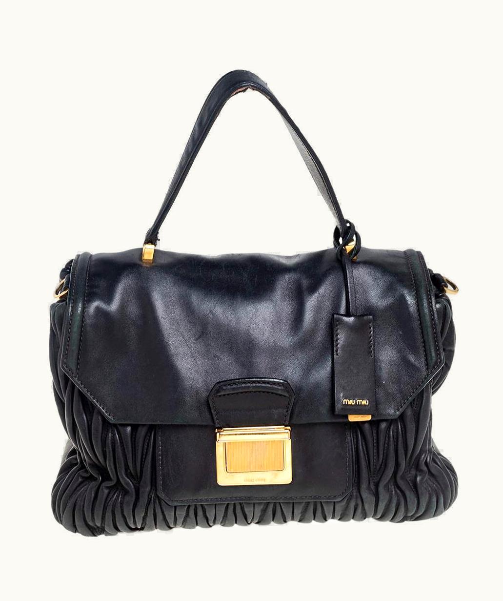 Miu Miu Miu Miu Black Matelassé Leather Push Lock Top Handle Bag