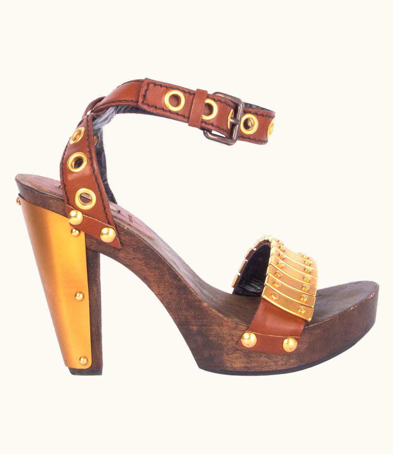 Miu Miu Miu Miu Brown Leather Wooden Clog Platform Sandals Shoes