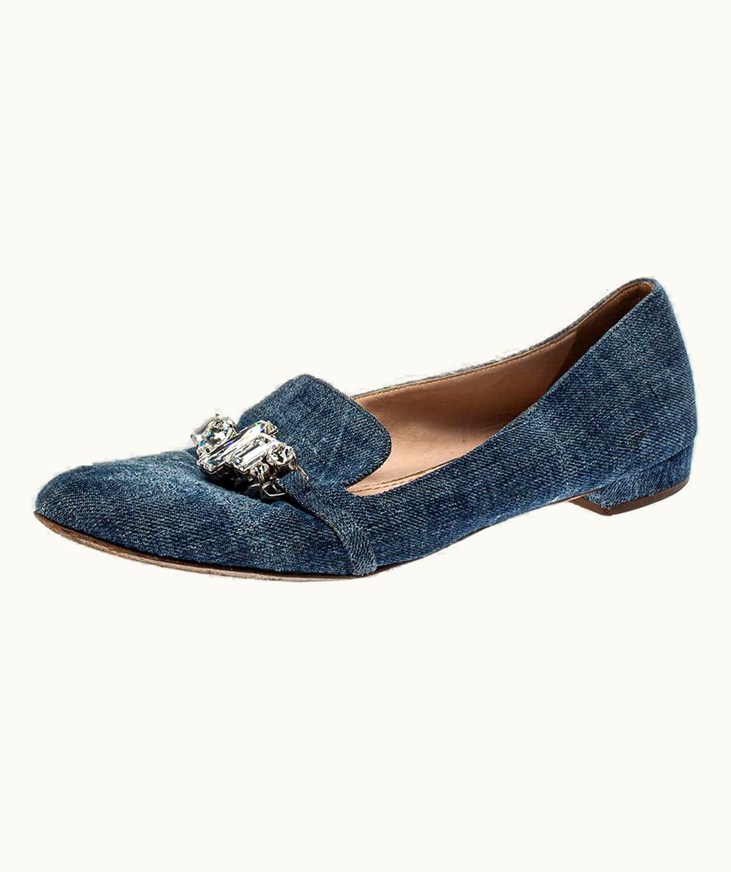 Miu Miu Miu Miu Blue Denim Crystal Embellished Smoking Slippers