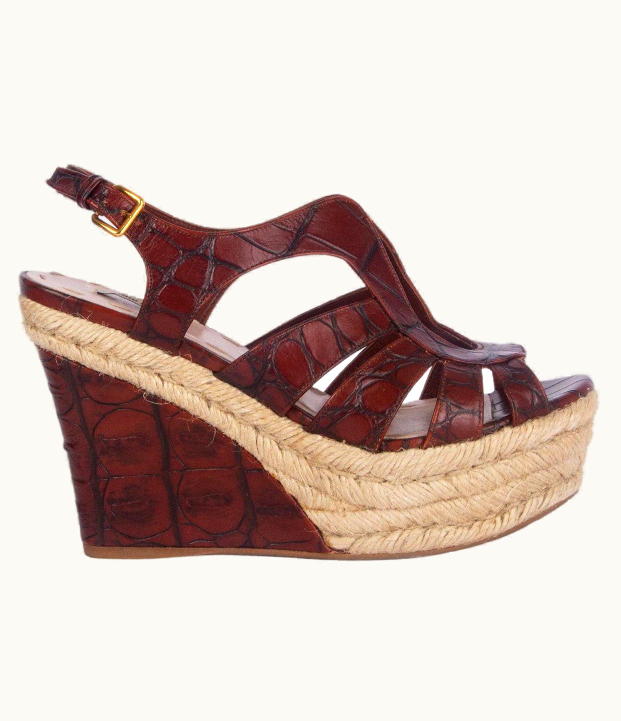 Miu Miu Miu Miu Brown Croc Embossed Espadrille Wedge Sandals Shoes