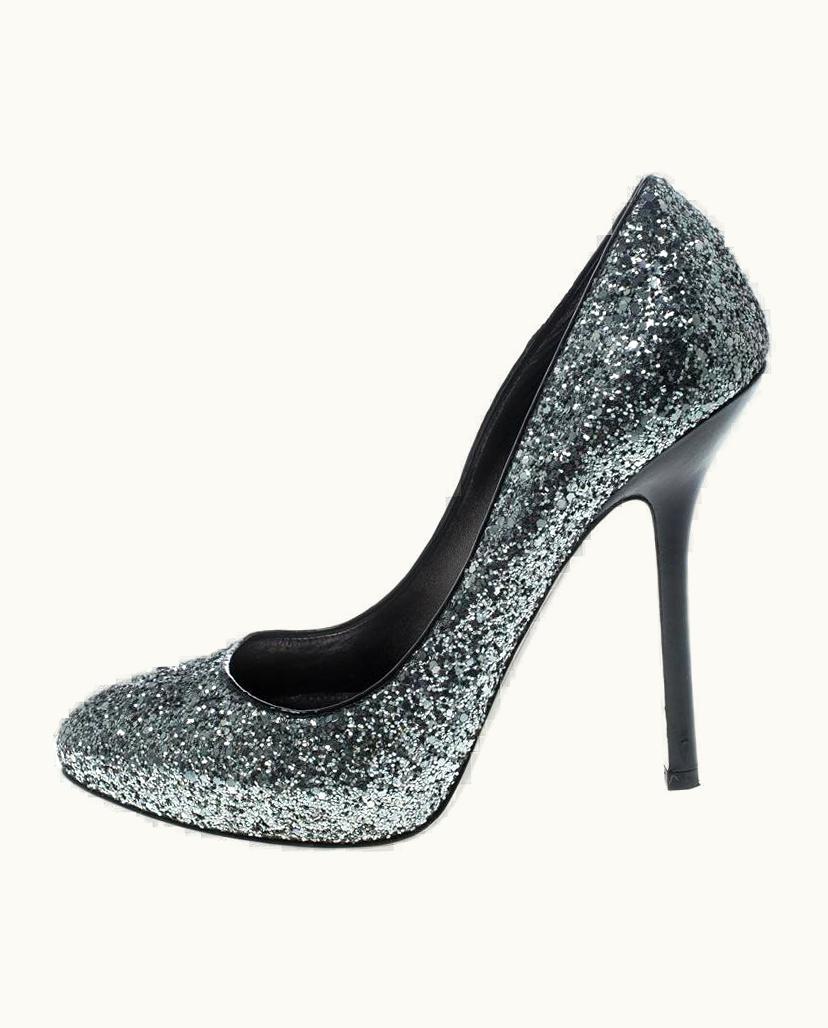 Miu Miu Miu Miu Metallic Silver Coarse Glitter Platform Pumps