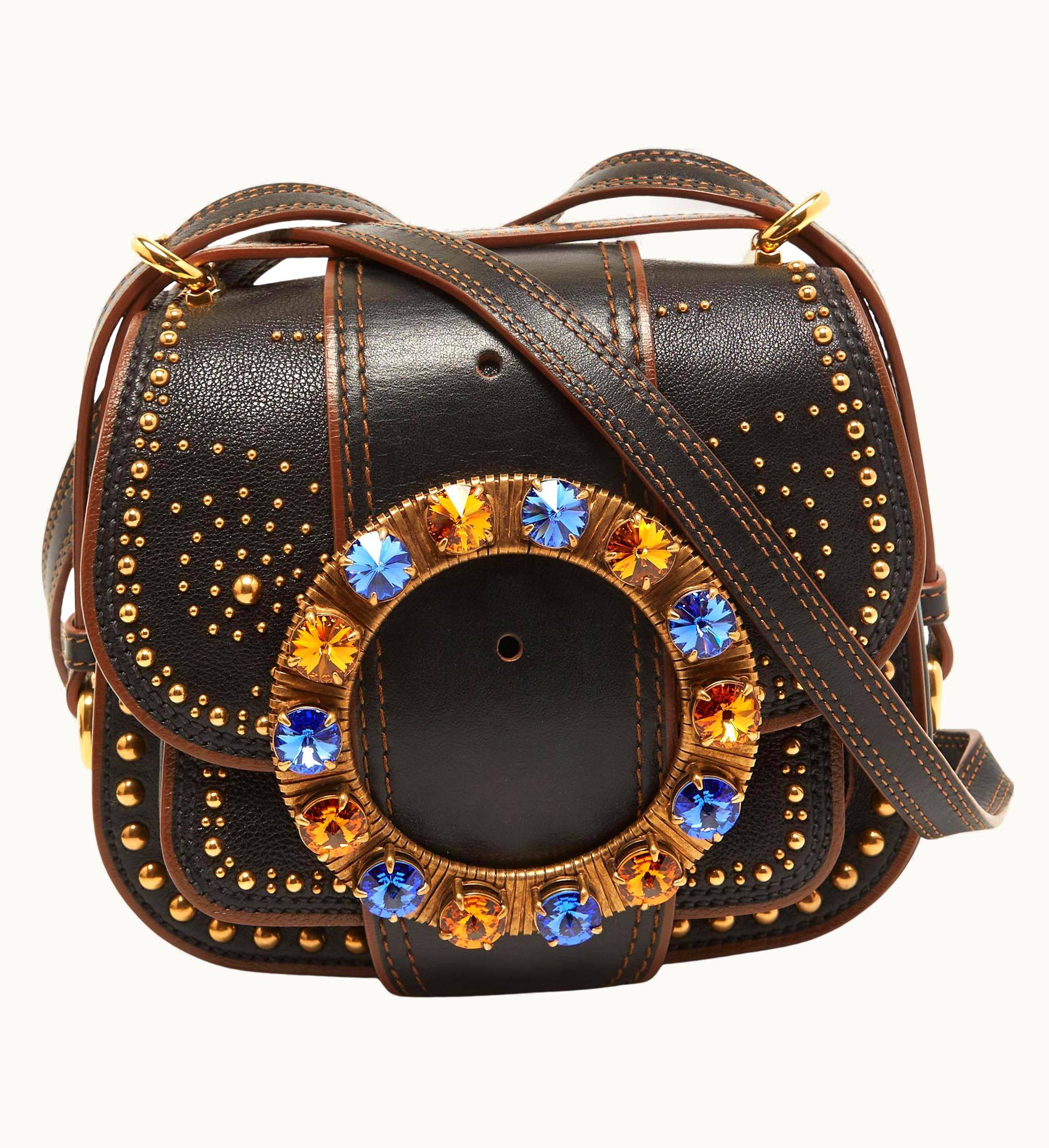 Miu Miu Miu Miu Black Leather Crystal Embellished Dahlia Crossbody Bag