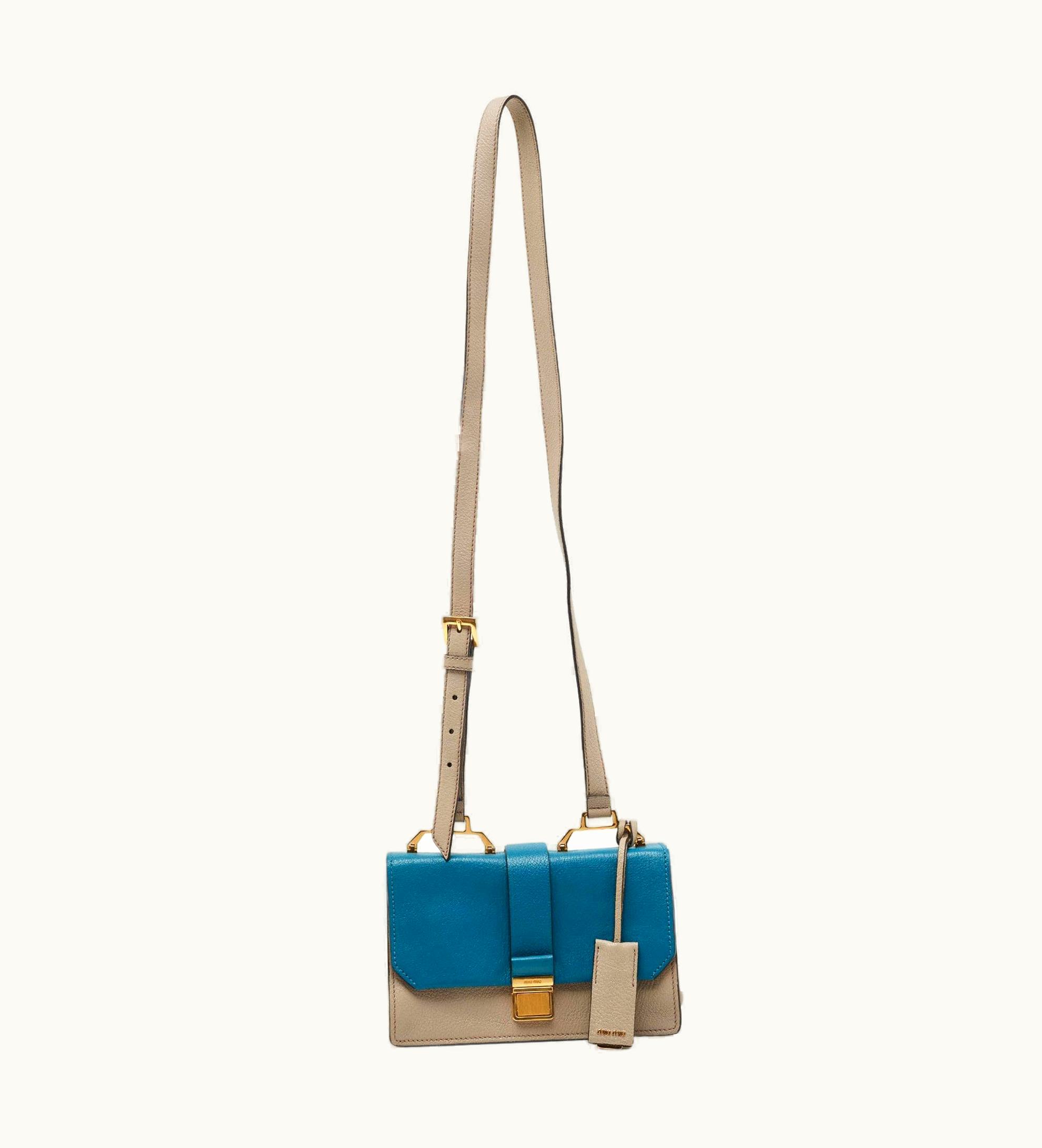 Miu Miu Miu Miu Blue/Beige Madras Leather Bandoliera Shoulder Bag