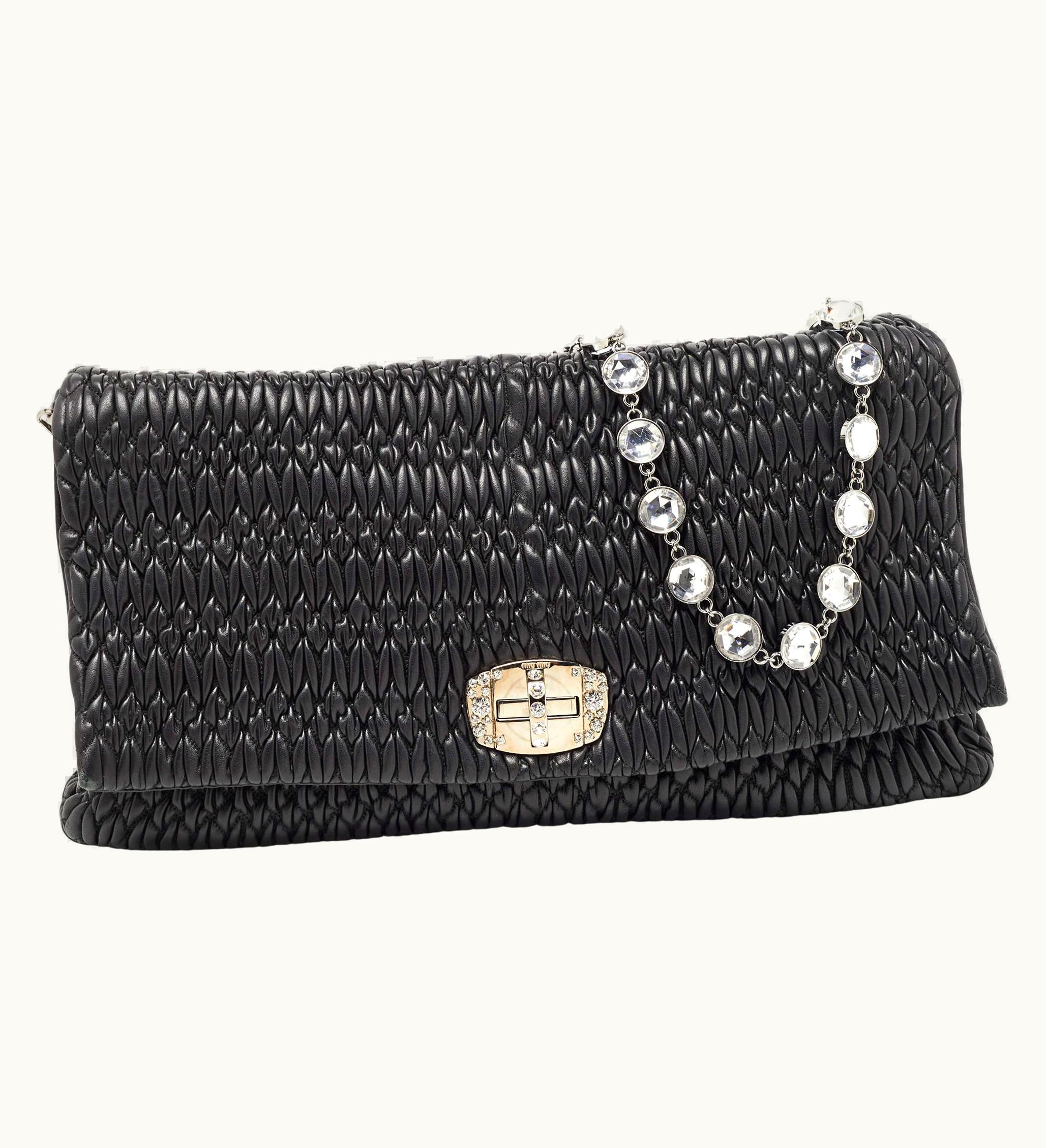 Miu Miu Miu Miu Black Matelassé Leather Crystal Flap Shoulder Bag