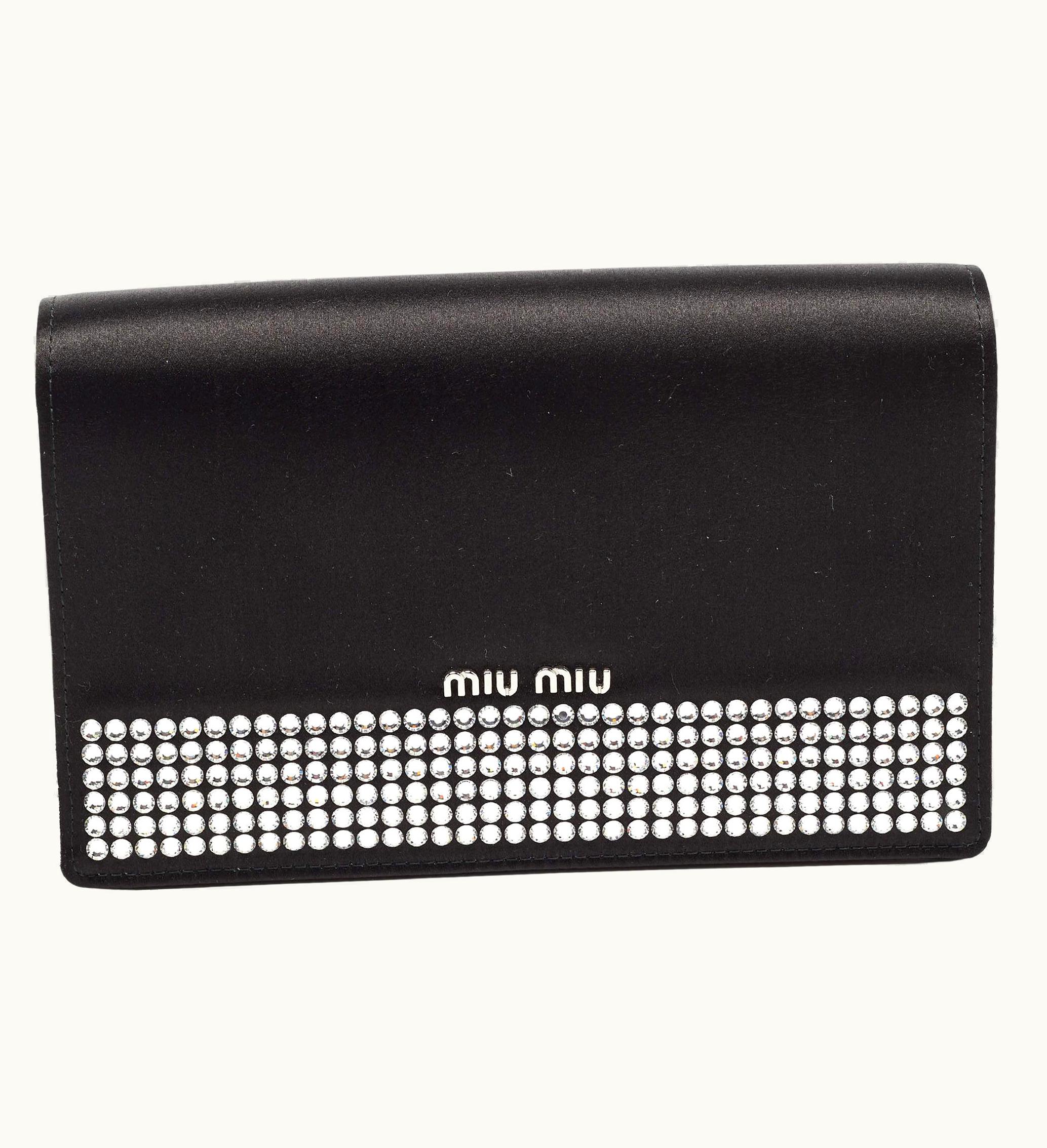 Miu Miu Miu Miu Black Satin Crystals Embellished Flap Clutch Bag