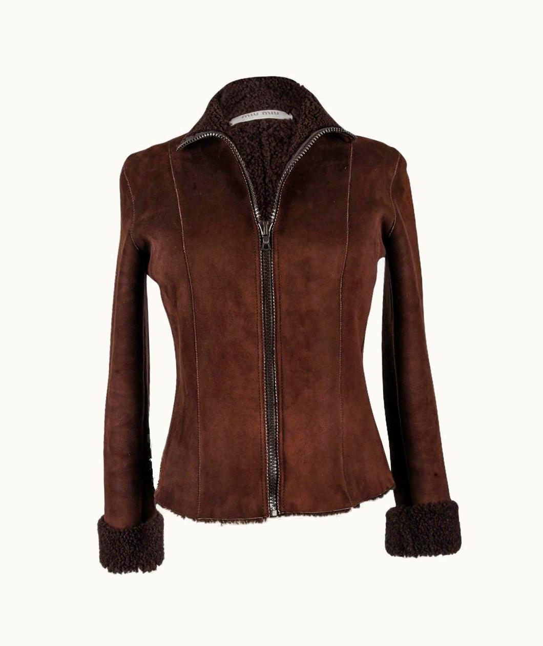 Miu Miu Miu Miu Shearling Vintage Jacket Rich Brown Zip Front 42 S/S