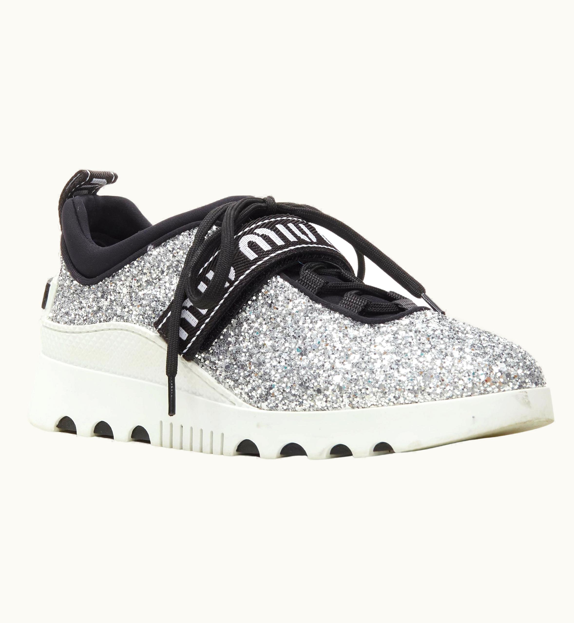 Miu Miu Miu Miu Silver Glitter Logo Strap Low Top Runner Sneaker