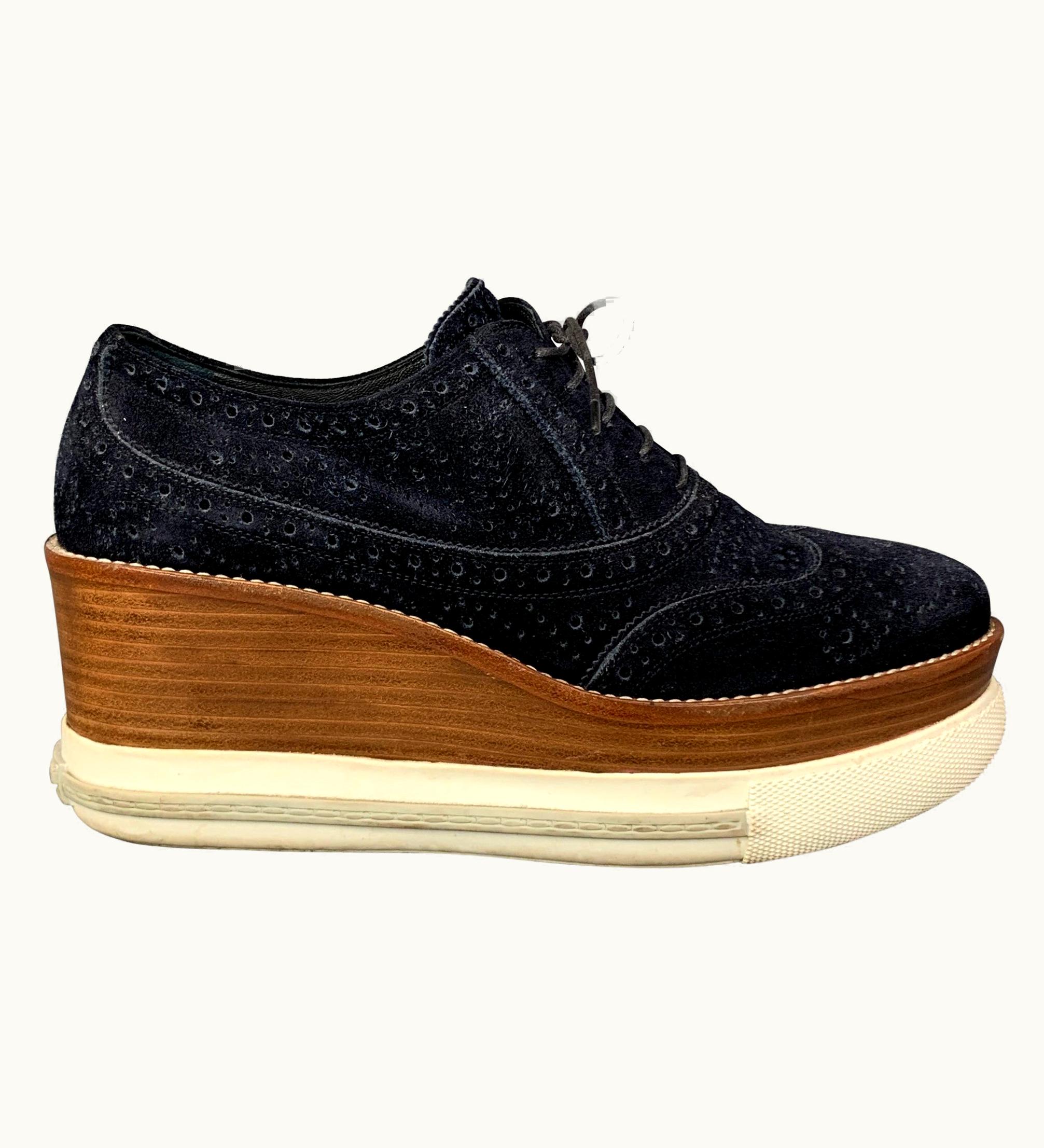 Miu Miu Miu Miu .5 Navy & Brown Suede Oxford Wedge Laces Shoes