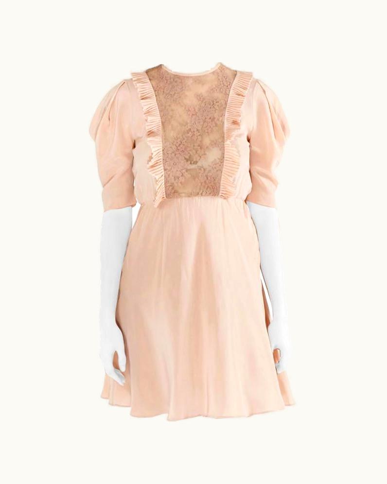 Miu Miu Miu Miu Beige Silk Lace Insert Pleated Ruffle Trim Dress