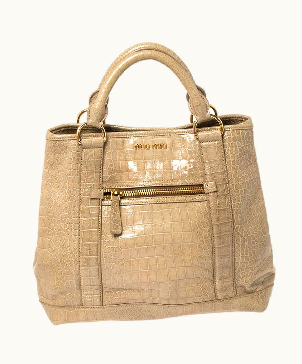 Miu Miu Miu Miu Pale Green Croc Embossed Patent Leather Front Zip Tote