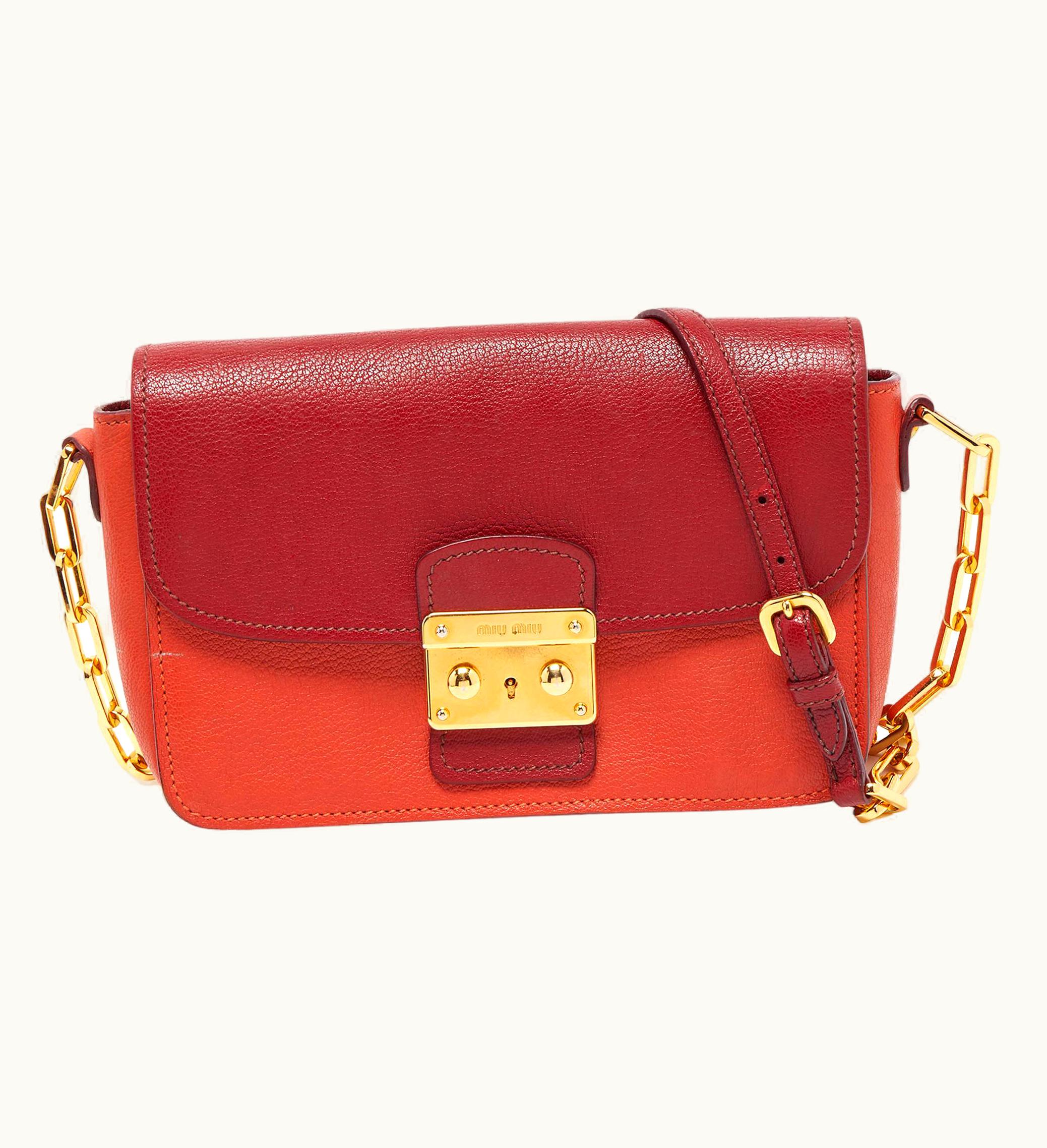 Miu Miu Miu Miu Orange/Red Madras Leather Pushlock Flap Chain Shoulder Bag