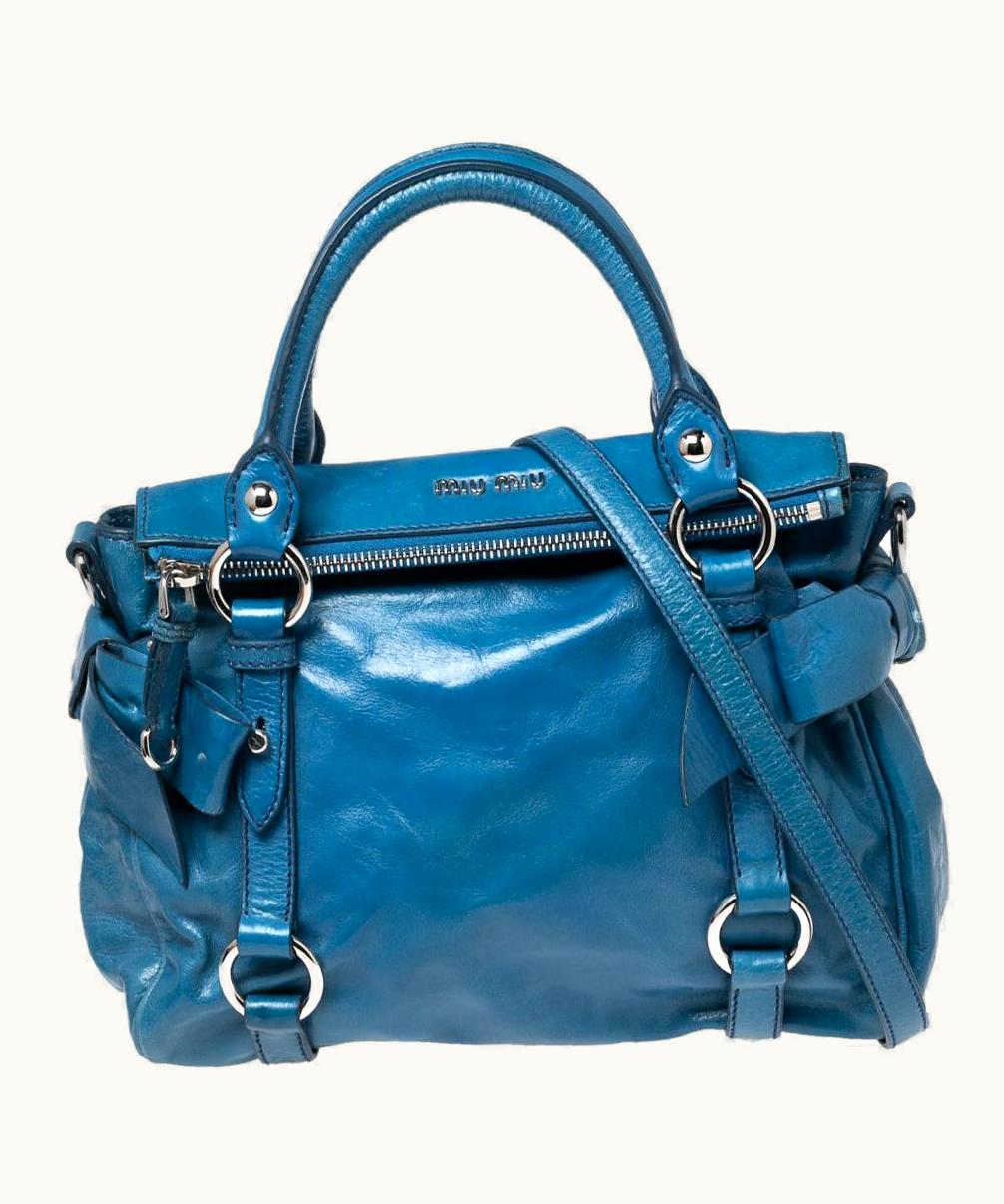 Miu Miu Miu Miu Blue Leather VItello Lux Leather Bow Top Handle Bag